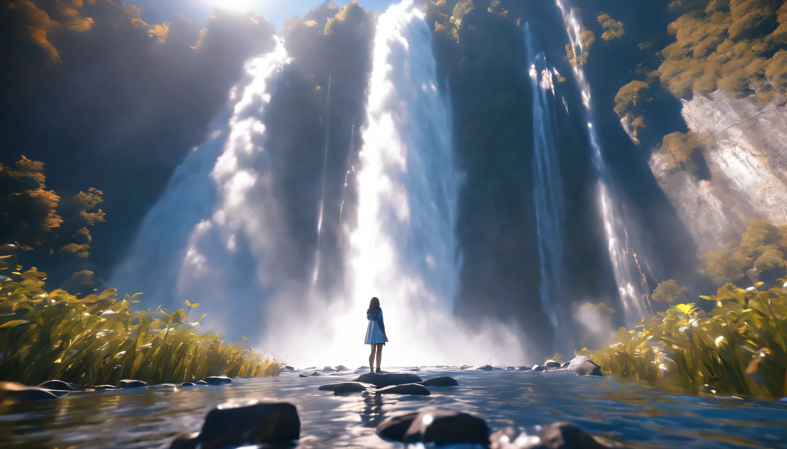 low angle view,The girl standing in front of the huge waterfall looks up,water vapor rising,sun glare spots,realistic raytracing,True light reflection,real light refraction,Ultra-fine,Surreal,Super dreamy,extreme portrayal,8k,masterpiece,
