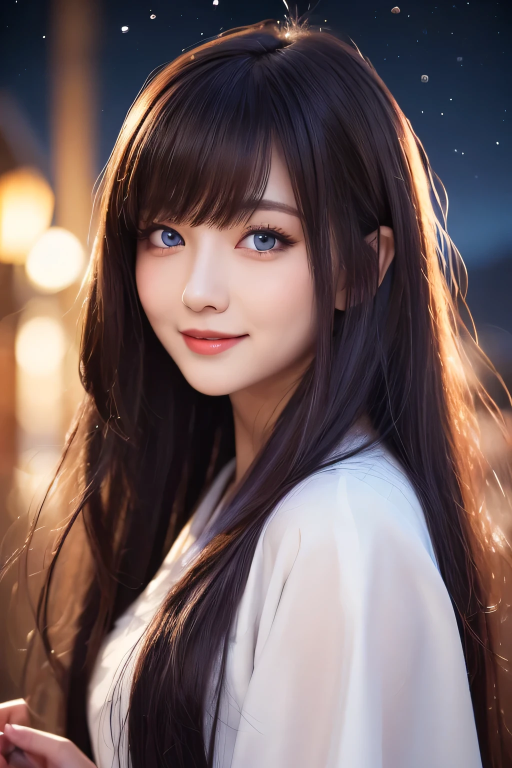 ((masterpiece)), ((highest quality)), (super detailed), ((cute)), cute, (Lovely), ((very detailed)), 4k, (8k), highest quality, (beautiful), figure, ((close)), village, starry night, milky way, midnight, (outside:1.3), a beautiful woman, 25 years old, alone, ((Sorcerer's clothes:1.3)), (mage dress:1.1), pantyhose, (beautiful deep purple hair), ((unusually long hair)), straight hair, ((beautiful hair)), beautiful blue eyes, ((beautiful eyes)), (smile)