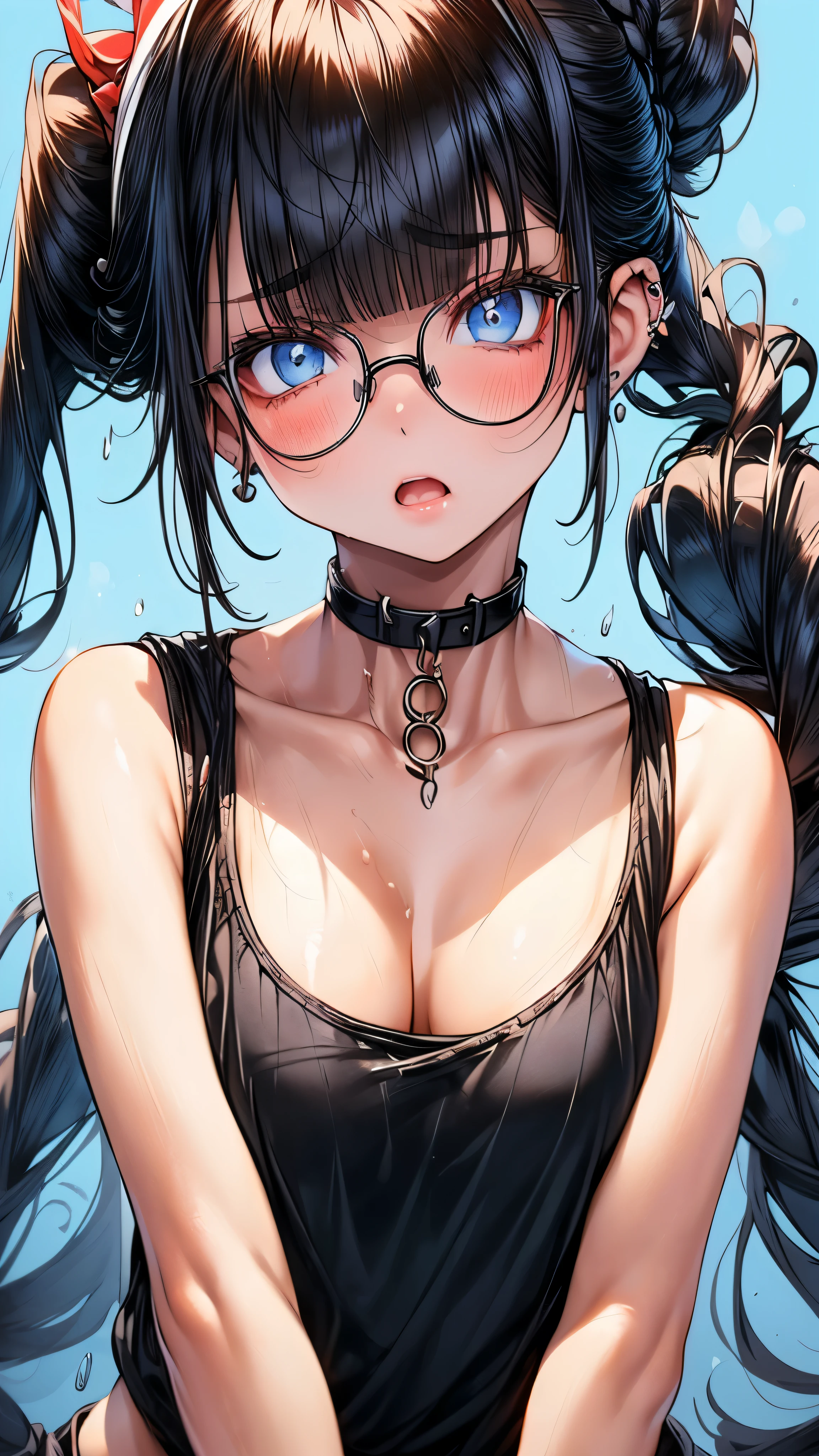 1 female,black hair, ,((anxious look)),beautiful breasts,sheer white tank top,good style,,(facing the front)(((cheeks turn red、surprised expression)),(((Underponytail))),((( upper body portrait)))frameless glasses,blue eyes,(((Bangs are uniform)))((See-through))(wet condition)