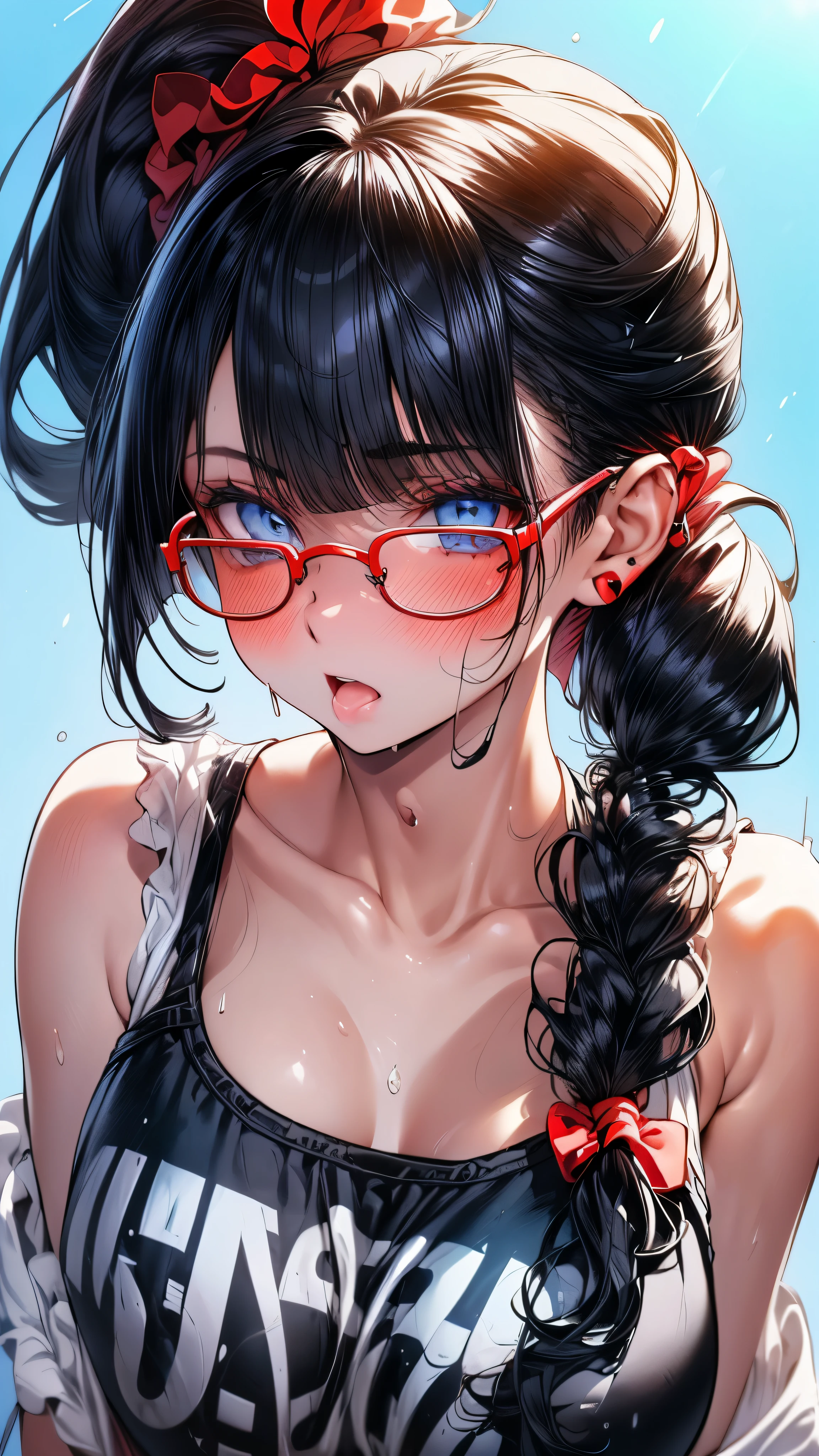 1 female,black hair, ,((anxious look)),beautiful breasts,school swimwear,good style,,(facing the front)(((cheeks turn red、surprised expression)),(((Underponytail))),((( upper body portrait)))frameless glasses,blue eyes,(((Bangs are uniform)))(wet condition)