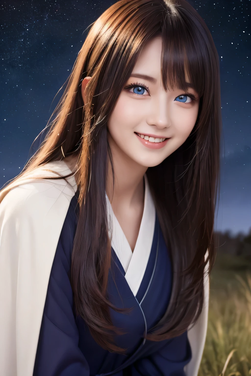 ((masterpiece)), ((highest quality)), (super detailed), ((cute)), cute, (Lovely), ((very detailed)), 4k, (8k), highest quality, (beautiful), figure, ((close)), village, starry night, milky way, midnight, (outside:1.3), a cute girl, 18-year-old, alone, ((Sorcerer's clothes:1.3)), (mage dress:1.1), pantyhose, (beautiful deep purple hair), ((unusually long hair)), straight hair, ((beautiful hair)), beautiful blue eyes, ((beautiful eyes)), (smile)