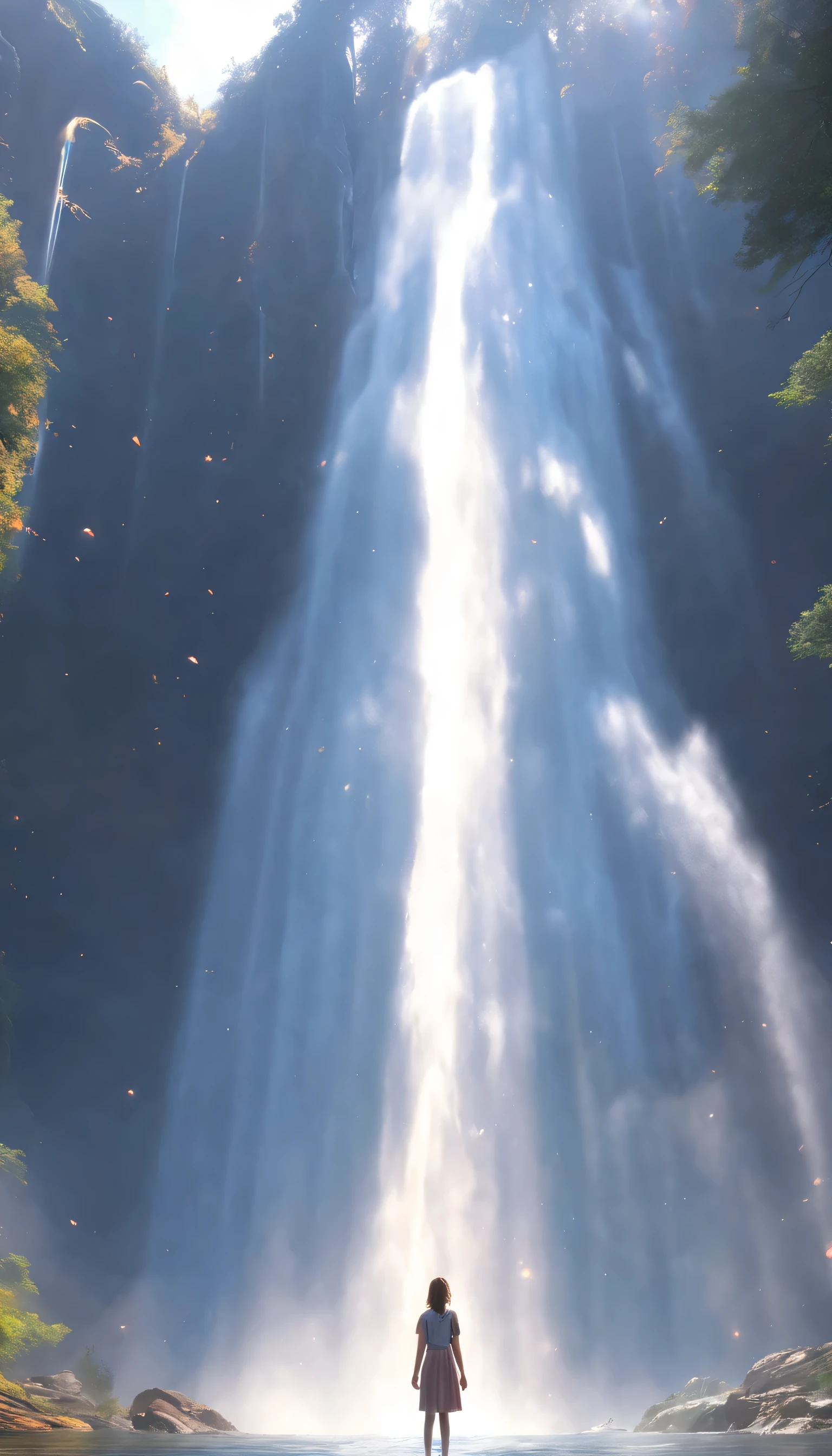 low angle view,The girl standing in front of the huge waterfall looks up,water vapor rising,sun glare spots,realistic raytracing,True light reflection,real light refraction,Ultra-fine,Surreal,Super dreamy,extreme portrayal,8k,masterpiece,