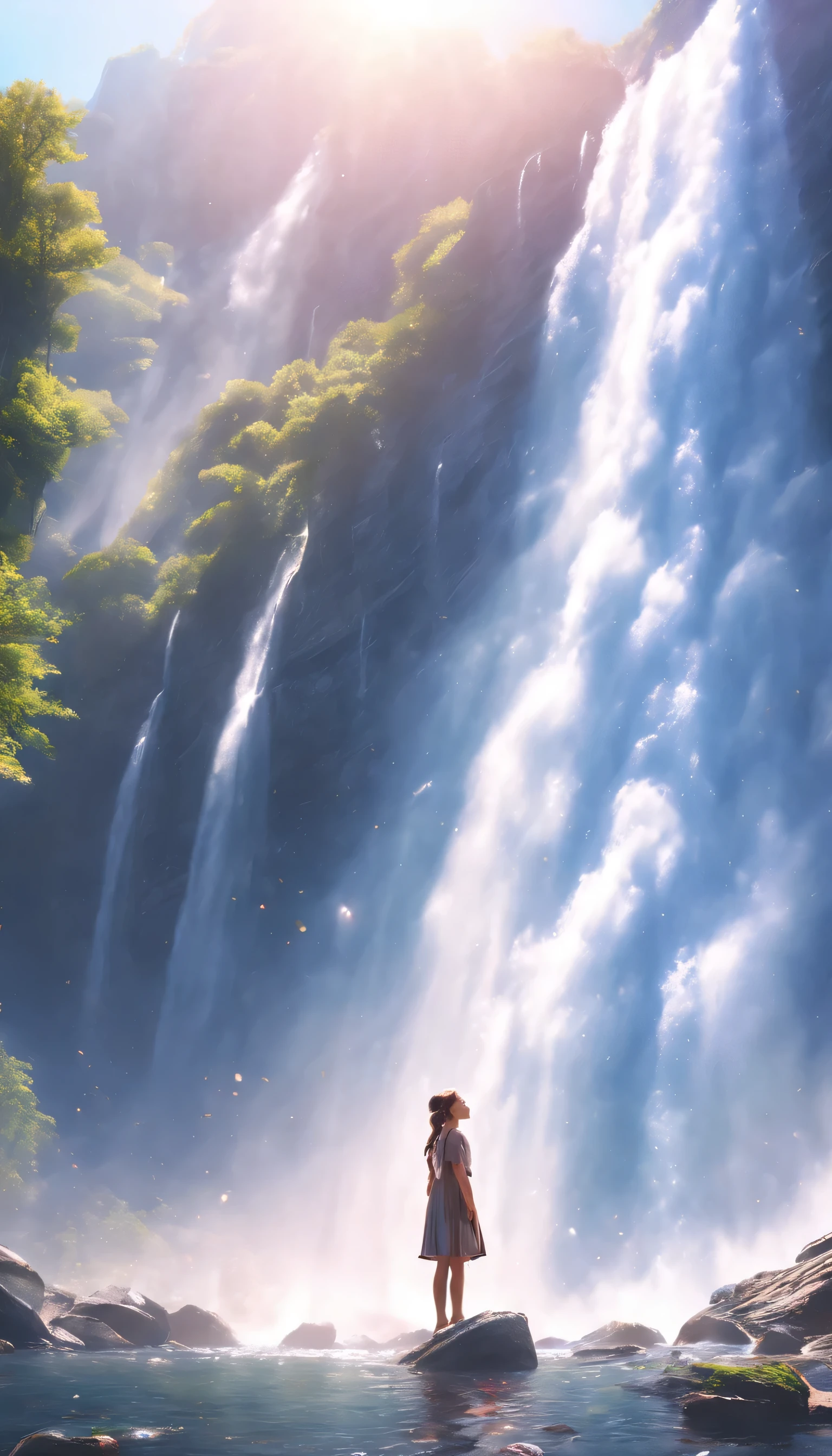 low angle view,The girl standing in front of the huge waterfall looks up,water vapor rising,sun glare spots,realistic raytracing,True light reflection,real light refraction,Ultra-fine,Surreal,Super dreamy,extreme portrayal,8k,masterpiece,