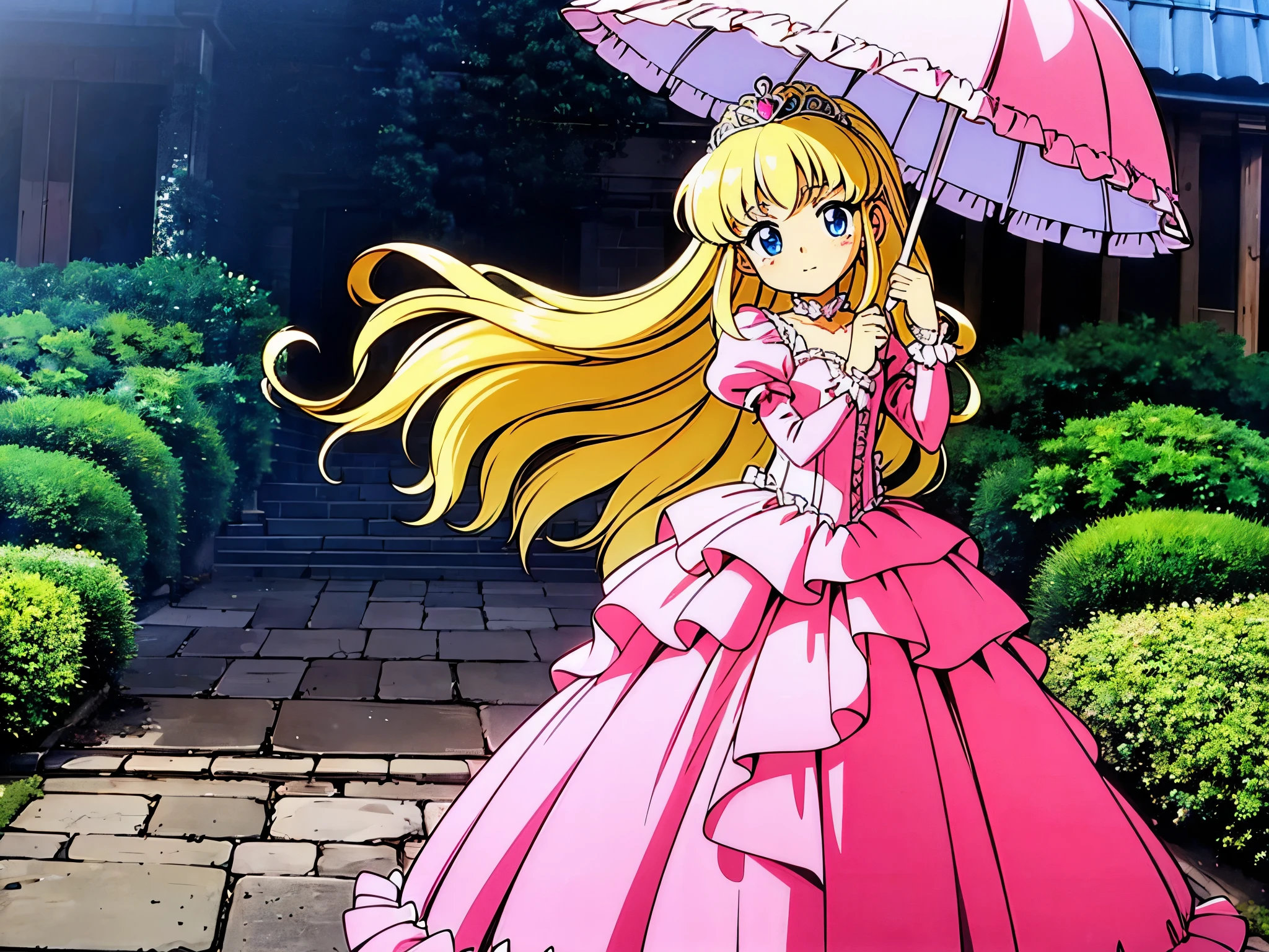 ,highest quality, masterpiece, highest resolution, artwork, super それにget used to it, many get used to it, get used to it, それにget used to it, 3K realistic photos,,(( girls)),Super detailed baby face,the girlncess,luxurious tiara,Full length ball gown dress with hoop skirt,ruffle yoke collar,puff sleeves,long sleeve,((lolita style hot pink princess satin dress、Comes with lots of frills and ribbons。)),colorful fashion,shiny satin dress,Soft and smooth fabric,luxury,long blonde hair,blue eyes,white skin european,フリルとリボン付いたluxuryなビクトリアンスタイルの日傘をさしている,holding a parasol with both hands,walking in the castle garden,