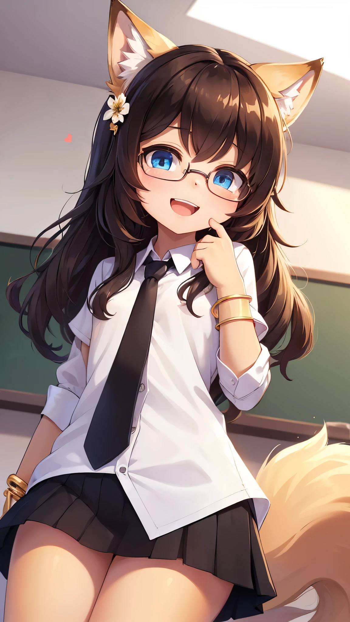 (young :1.6),1 girl,blue eyes,dark brown long hair,wavy hair,messy hair,gold fox ears,gold cat tail,small breasts,white shirt,black necktie,black mini skirt,classroom,sparkle light,gold light,morning,glasses,cute bracelet,flower hairpin,full face blush,looking at viewer,desire face,smile,open mouth,heart eyes,low angle,hand at face