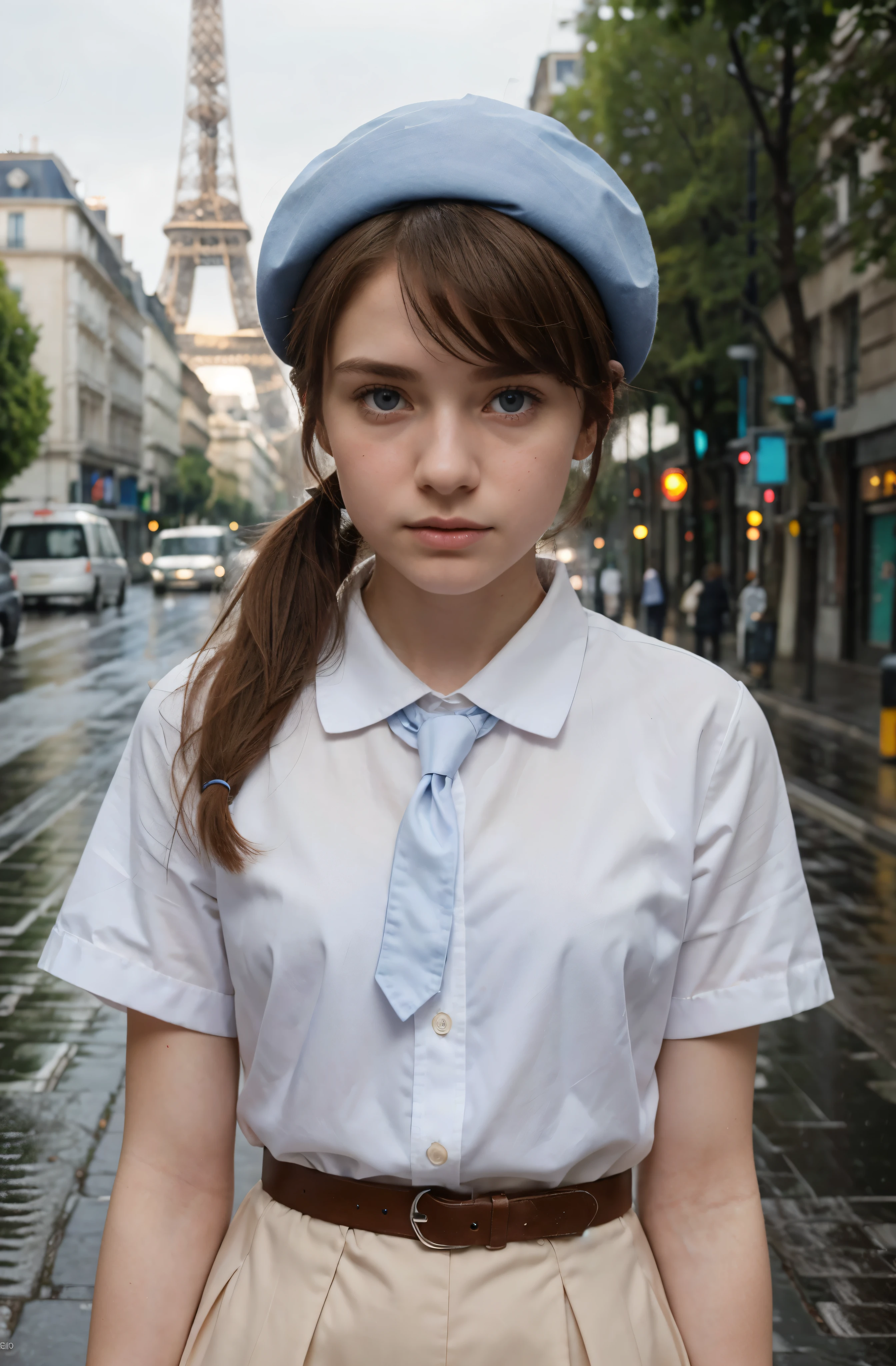 (Mejor calidad,hyper realistic,ultra detallado,8K), adolescente, Fifteen years old, shy, sad, palidez, grandes ojos azules, piel muy blanca, small nose, very short brown hair with bangs, melancholia, delicado, femenino, flaco, elegante uniforme escolar azul, boina rosa francesa, corbata roja, empty street, bright day, lluvia, Paris, Torre Eiffel, dos colas de caballo cortas.