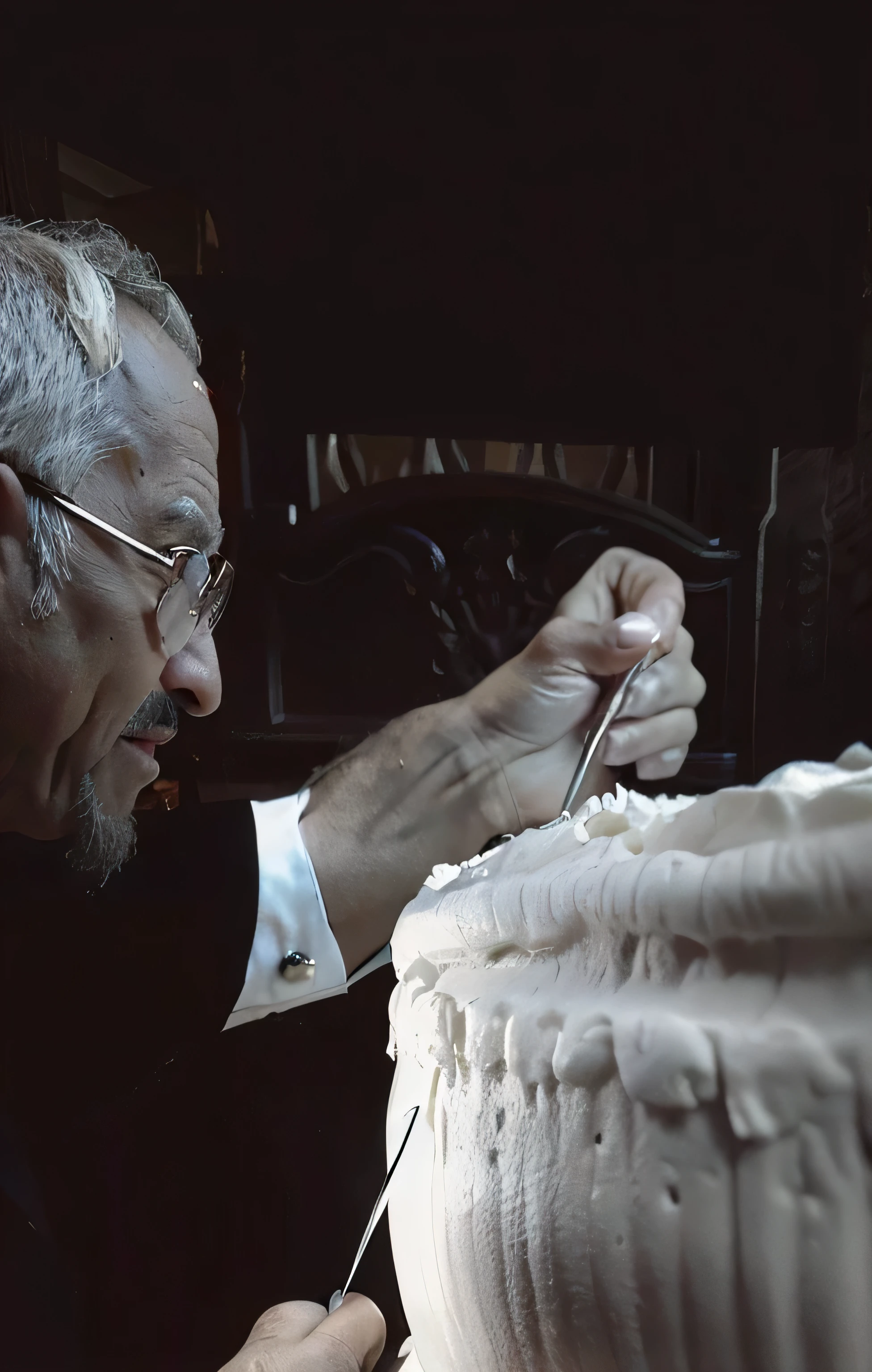 Araf man in glasses cutting cake with knife, sculpture家, sculpture, Craftsmanship, beautiful Craftsmanship, Perfect details, Stan Winston, look at that detail!, sit in his chair. complicated, sculpture, Carefully crafted, CGI clay sculpture, amazing Craftsmanship, detailed, Exquisite details, author:Arthur Sargsyan, king, marc davis, 3 d clay sculpture