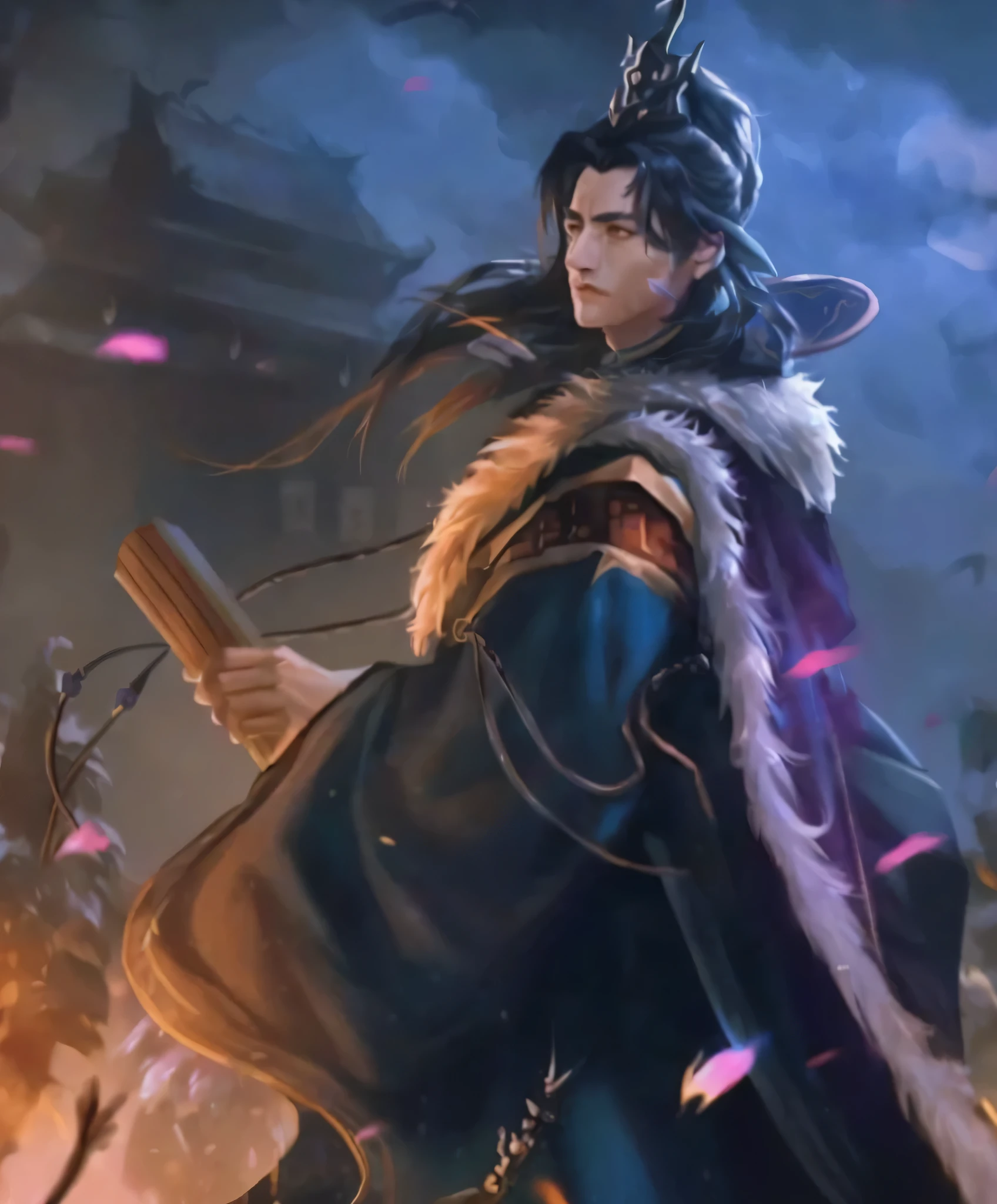 Woman in fur coat holding gun and sword, author：Yang Jie, heise jinyao, The handsome guy who kills demons, xianxia hero, inspired by Guan Daosheng, Inspired by Cao Zhibai, full body martial arts, Black-haired mage, bian lian, Gurwitz style artwork, wuxia