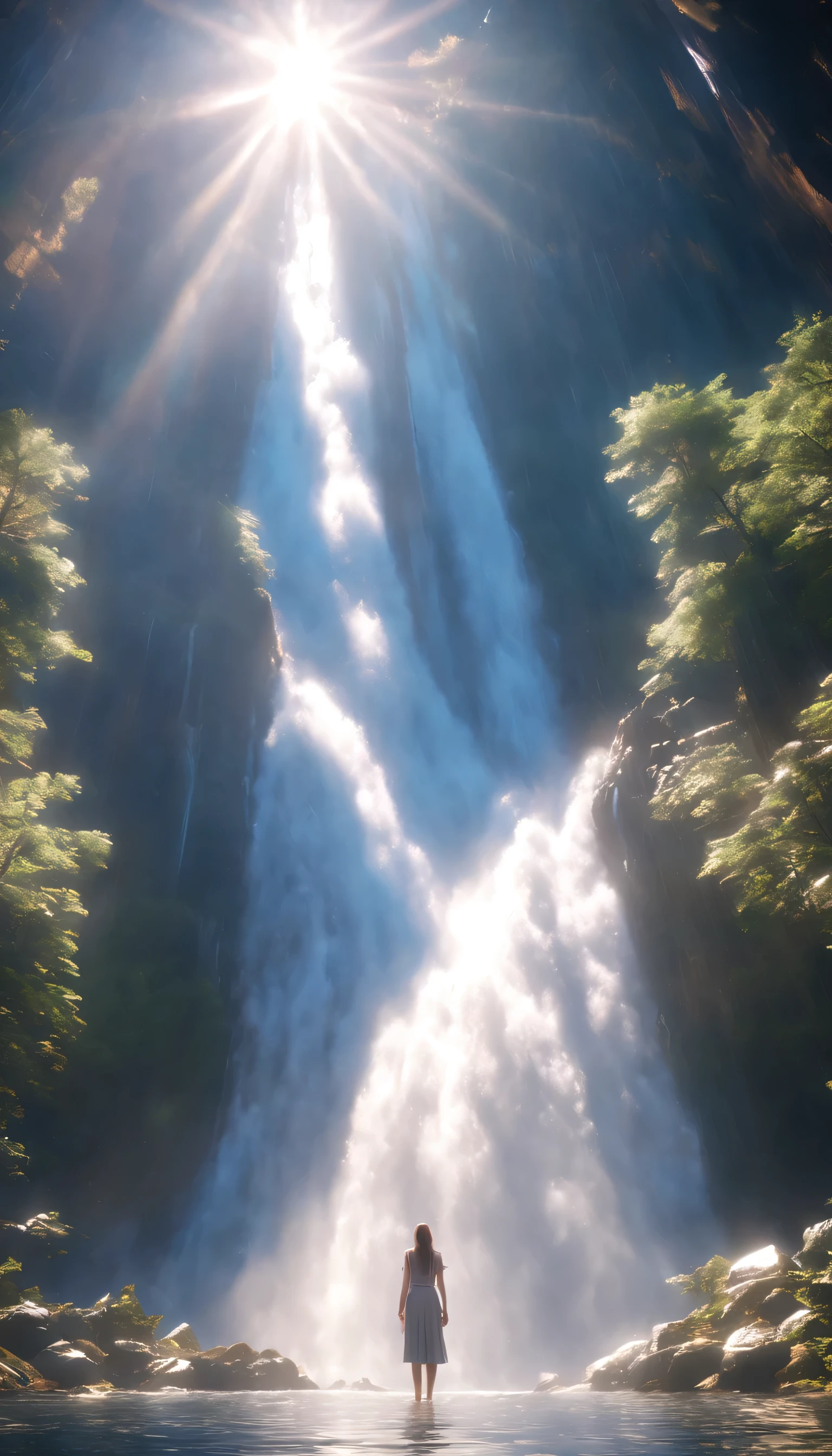 low angle view,The girl standing in front of the huge waterfall looks up,water vapor rising,sun glare spots,realistic raytracing,True light reflection,real light refraction,Ultra-fine,Surreal,Super dreamy,extreme portrayal,8k,masterpiece,