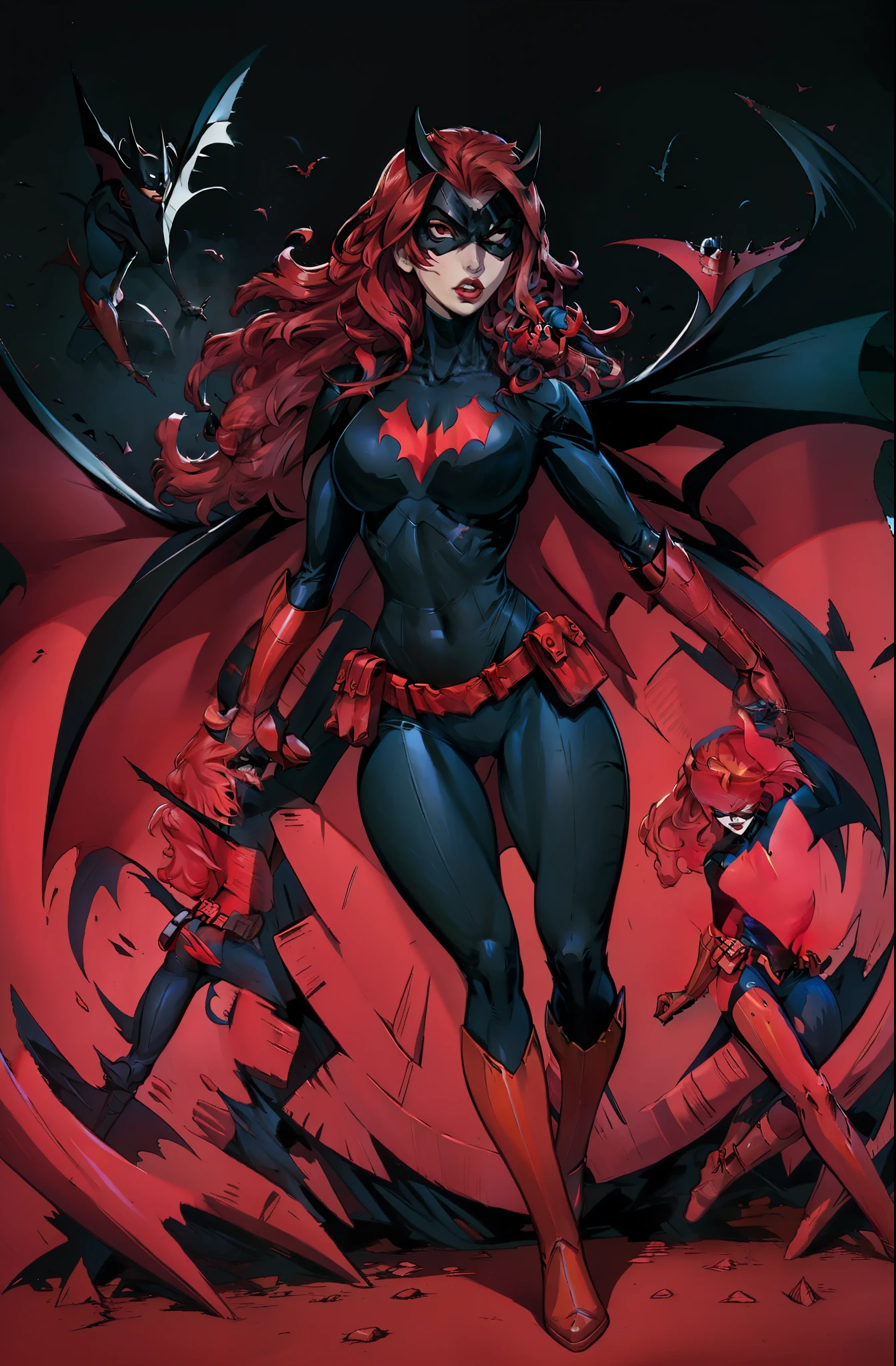 Woman Midjourney scarlettjohansson-smf Batwoman,person, woman, red gloves, clothing, cape, gloves, lipstick, solo, mask, female, red cape, bodysuit, red footwear, superhero, anime, utility belt, black bodysuit, pouch, breasts, red hair, bat (animal), teeth, red belt, bat claw, long hair, pointed arm accessory, costume, makeup, full body, red arm acessory, tight clothes superhero woman, 8k, sologirl, picture, white background