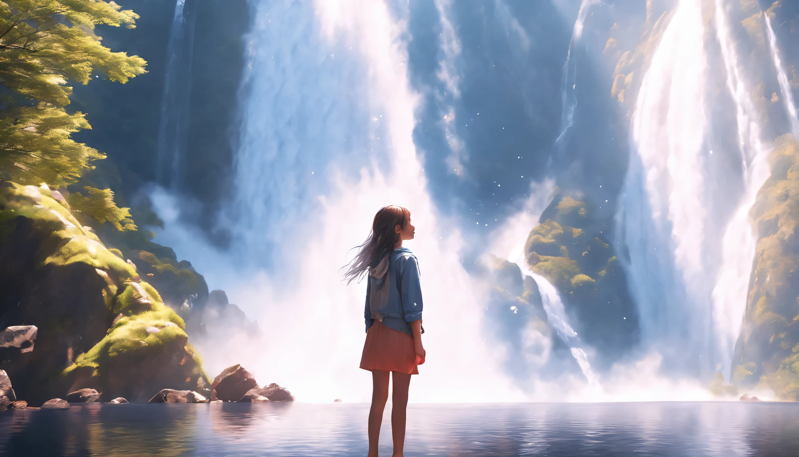 low angle view,The girl standing in front of the huge waterfall looks up,water vapor rising,sun glare spots,realistic raytracing,True light reflection,real light refraction,Ultra-fine,Surreal,Super dreamy,extreme portrayal,8k,masterpiece,