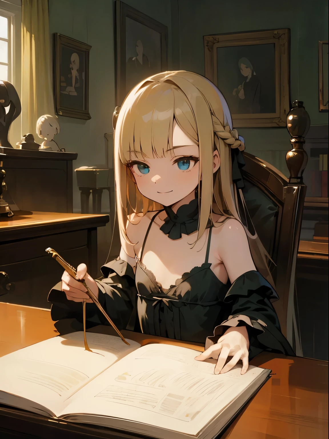 Reines, 1girl, high quality, best quality, illustration, masterpiece, (highly detailed:1.2), (extremely detailed:1.3), flat chest, camisole, spaghetti straps, backless, bare shoulders, young girl, braid, (children:1.2), , in a house, sitting on chair, smiling, studying, reading on desk, detachable sleeve