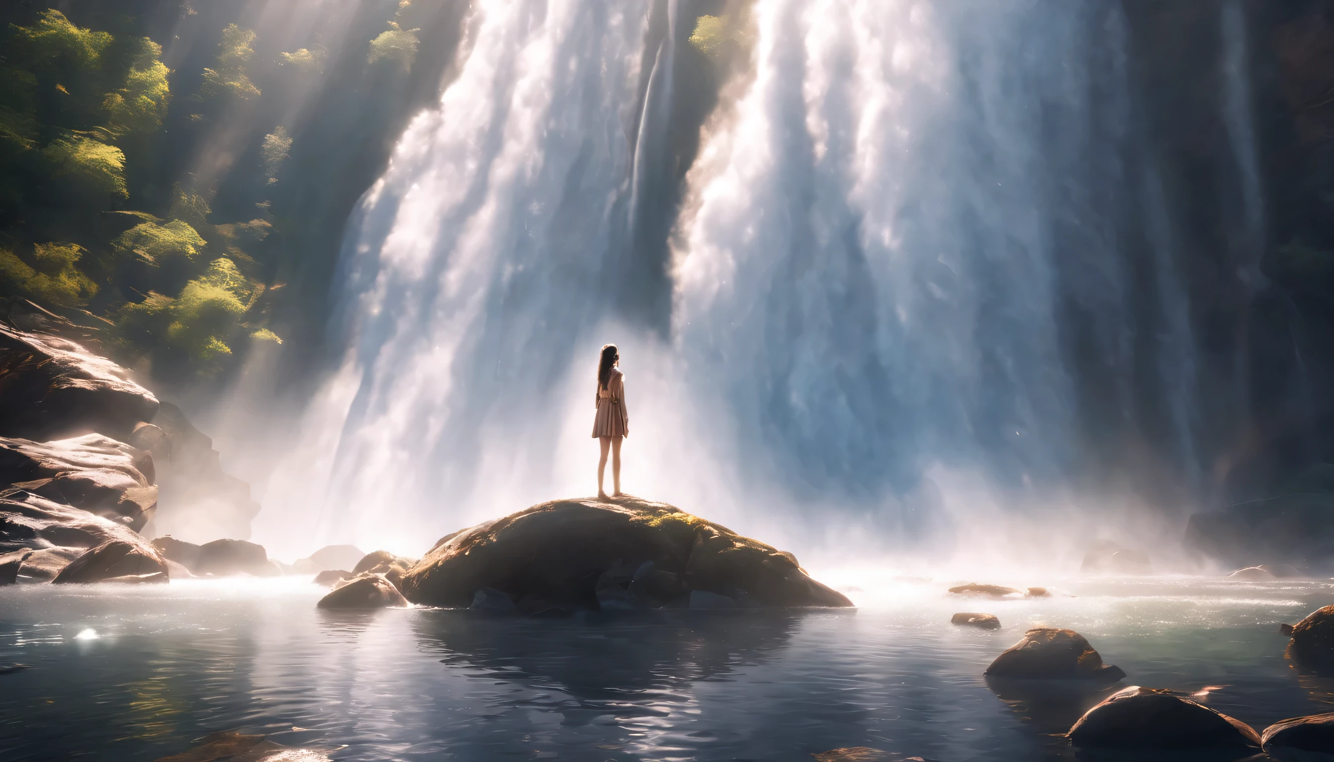 low angle view,The girl standing in front of the huge waterfall looks up,water vapor rising,sun glare spots,realistic raytracing,True light reflection,real light refraction,Ultra-fine,Surreal,Super dreamy,extreme portrayal,8k,masterpiece,