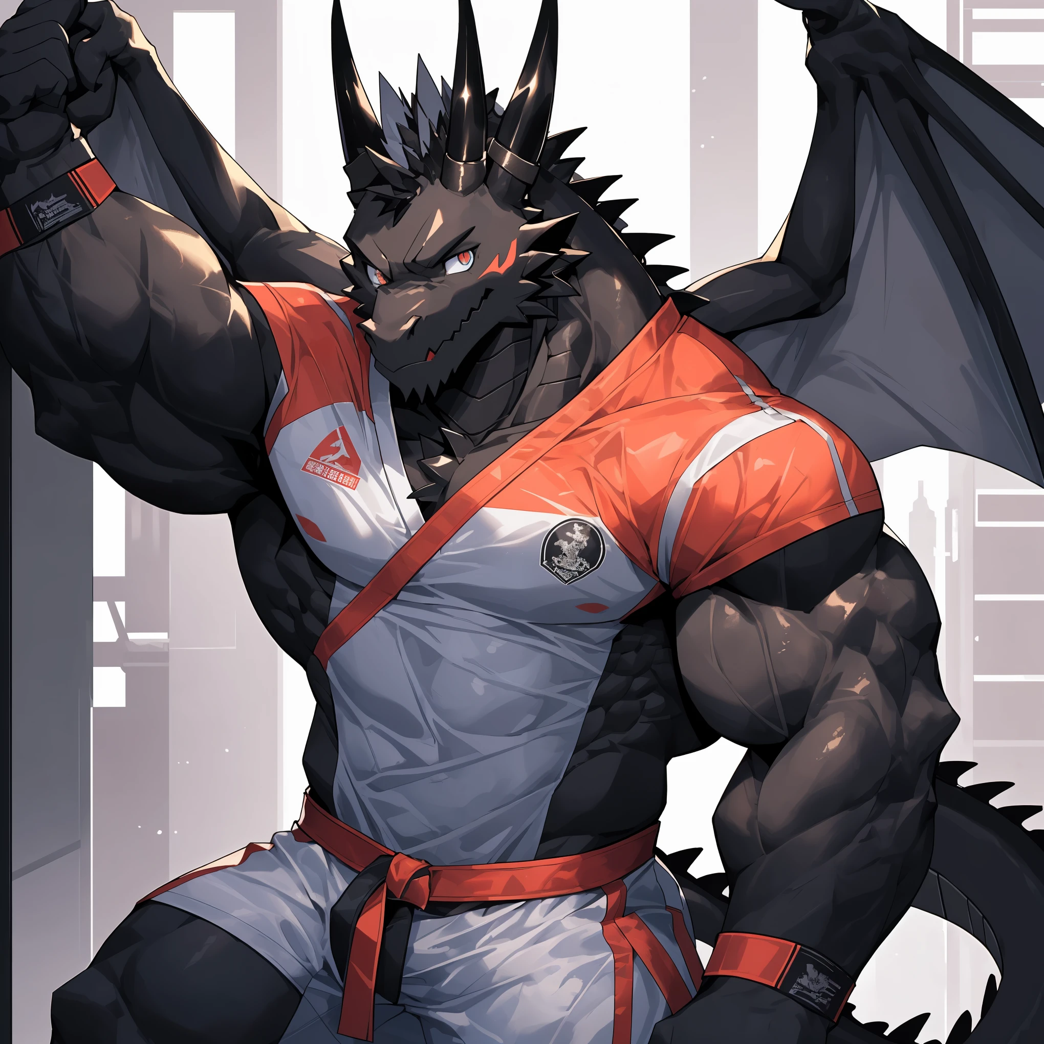 disney,anime character with Black dragon , Black dragon_beast, Firmware version, high resolution committee, ((Black dragon)), only, muscular!, anthropomorphic dragon, Black,Black!,Black!!muscular character, dragon, super detailed!!, beefy, black all over, 全身Very rich in details,(32k),(black all over:1.2),(The two eyes are not the same color，different color:1.8),HD,(Wearing Taekwondo uniform:1.5),alone,(express contempt:1.3),hope,(One eye is blue，The other eye is golden:1.8),(A pair of eyes with different pupil colors:1.5),(Serious:1.6),(boxing gym:1.5),(Look at you head-on:1.5),(Close-up of the bust:1.3),((Blackfur)),(Very rich in details:1.3),(strike a mighty pose:1.4),(forehead band:1.2)