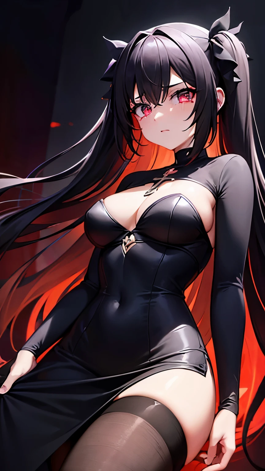 1 girl ,(big Stigmata) , ruined church, bloody rosary , (floating hair, floating skirt), ((blood sea)),from side, character focus, ((black light)),((dark lighting)), cinematic lighting ,(darkness), (concept art), ((rape face)) ,black long straight hair, black hair, pigtail hairstyles, long straight pigtails, hair ribbon , red eyes color, short black dress, tight black dress, absolute territory, thigh high socks, (glowing eyes), high resolution,(incredibly absurdres) ,extremely detailed CG unity 8k wallpaper, ((masterpiece)), ((top-quality)), (beautiful illustration), ((an extremely delicate and beautiful)), (masterpiece, Best quality, ultra high resolution), Black hair, pale skin, Black Crown, red eyes, Luminous_eyes, neon eyes, ultra detailed eyes, Beautiful and detailed face, detailed eyes, (Centered, torso), (tears), (wide shot:0.9), facing the viewer, Eye level
