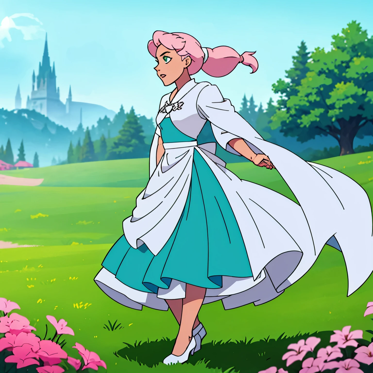 A girl with light pink hair and green eyes wearing a white cloak over a dark blue and grey dress, with dual slits on both sides of the dress. She is wearing low, white heels and her hair is in a low ponytail with two thin braids on the sides. She is standing in a field of grass with an orb of water floating from her hand.