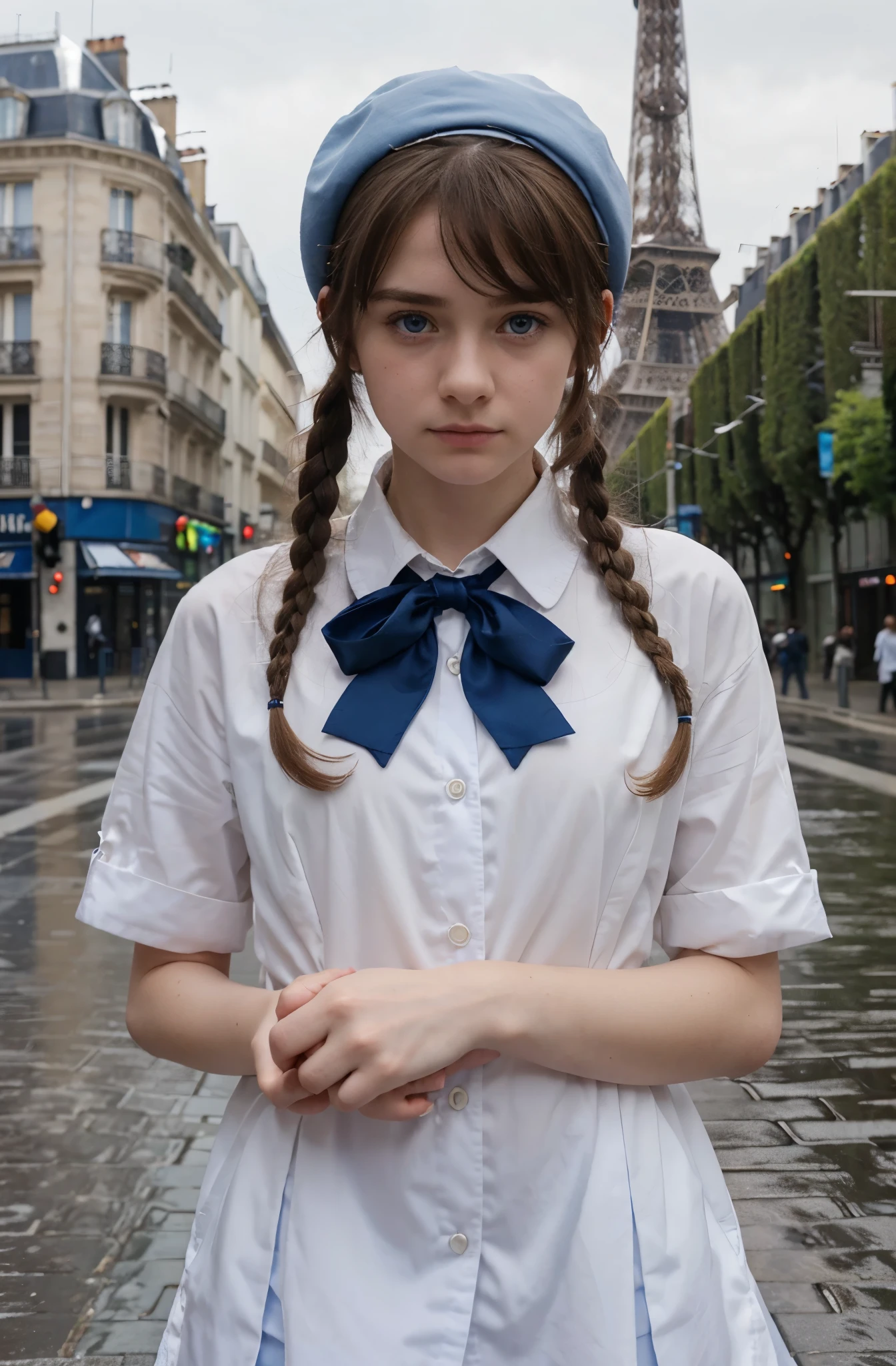 (best quality,hyper-realistic,ultra-detailed,8k), teenager, fifteen years old, shy, sad, paleness, big blue eyes, very white skin, small nose, very short brown hair with bangs, melancholy, delicate, feminine, skinny, elegant school blue uniform, french pink Beret, red tie, empty street, brilliant day, rain, Paris, Eiffel tower, two short braids.