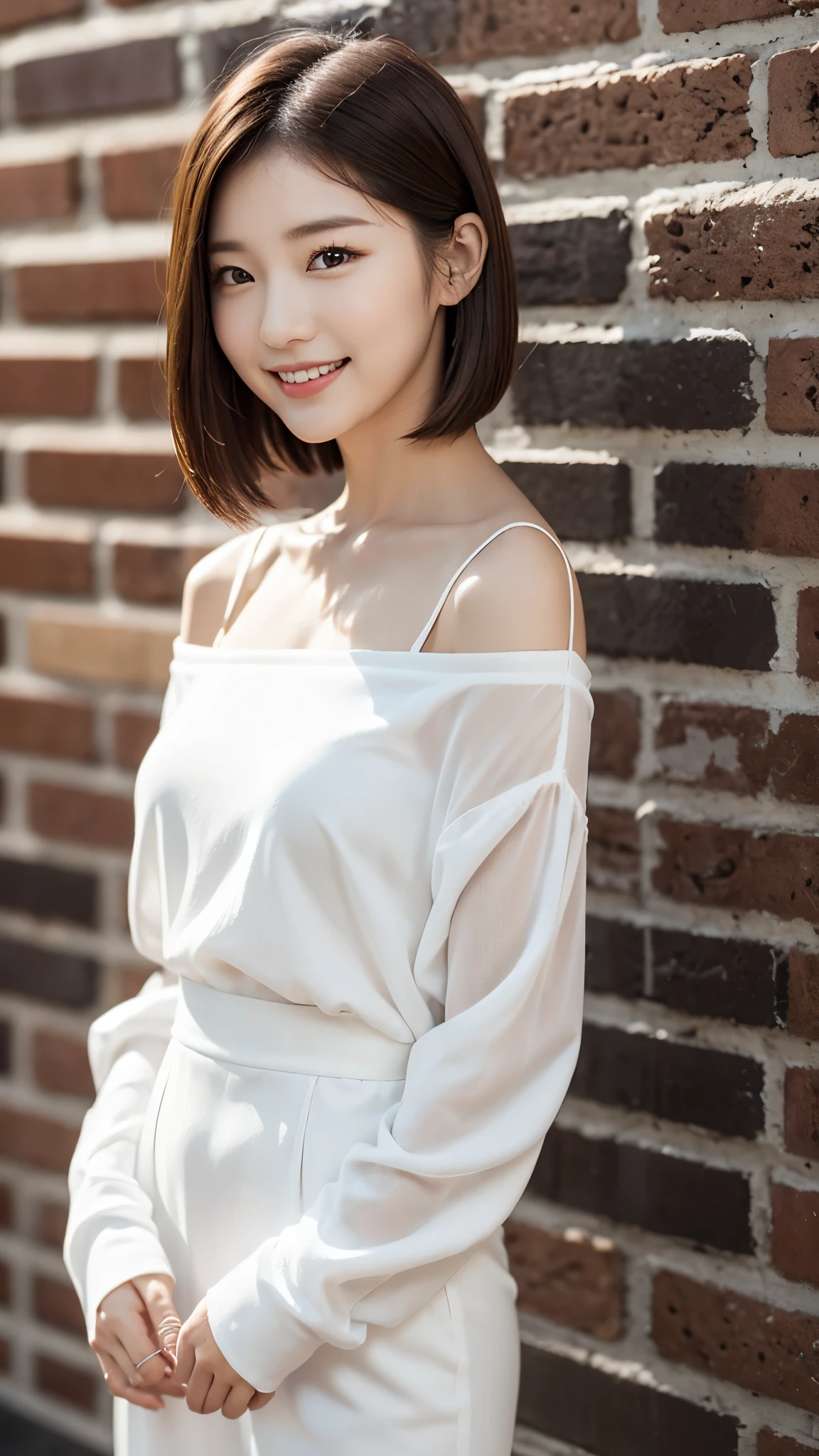 Beautiful Korean girl with good style、white and beautiful skin、short height、brown hair、bob cut hair、reddish brown eyes、slanted eyes、thin eyebrows、thick lips、smile、fancy clothes、Fashion Model、brick background、