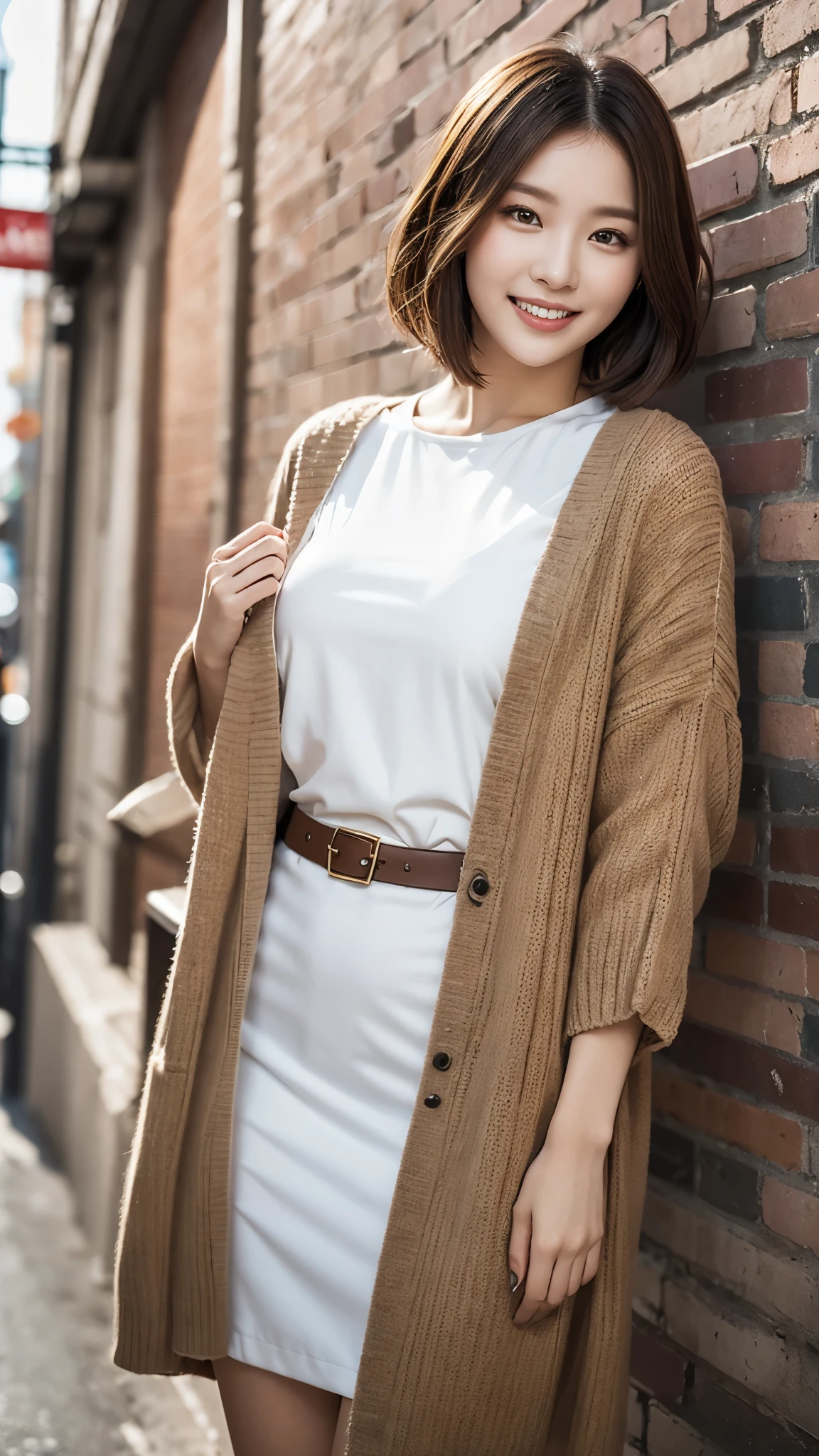 Beautiful Korean girl with good style、white and beautiful skin、short height、brown hair、bob cut hair、reddish brown eyes、slanted eyes、thin eyebrows、thick lips、smile、fancy clothes、Fashion Model、brick background、