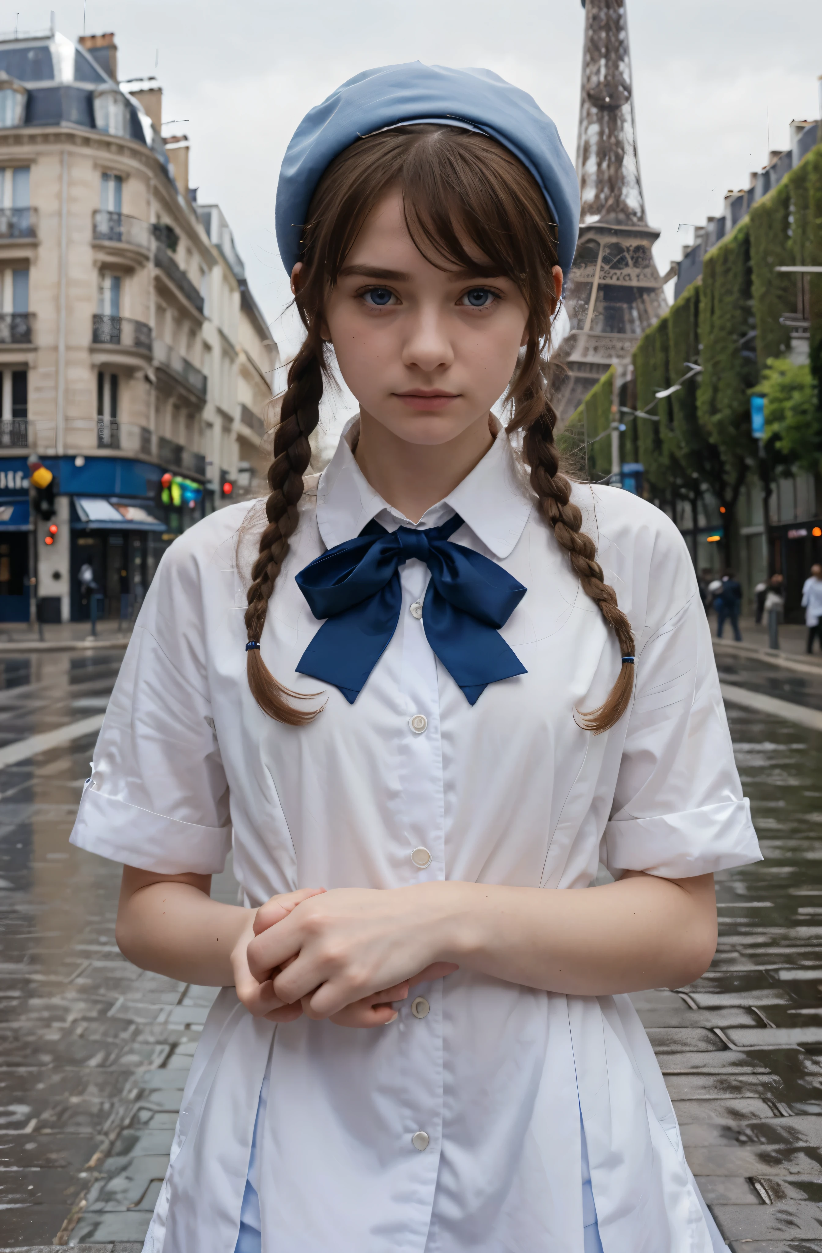 (best quality,hyper-realistic,ultra-detailed,8k), teenager, , shy, sad, paleness, big blue eyes, very white skin, small nose, very short brown hair with bangs, melancholy, delicate, feminine, skinny, elegant school blue uniform, french pink Beret, red tie, empty street, brilliant day, rain, Paris, Eiffel tower, two short braids.