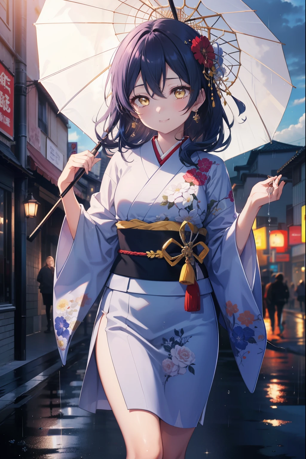 Kamisonoda, Umi Sonoda, long hair, blue hair, (yellow eyes:1.5) (flat chest:1.2),smile,flower hair ornament,Blue floral pattern gorgeous Japanese clothes,white foot bag,Zori sandals,tying hair,He is holding a Japanese-style umbrella with both hands and resting it on his shoulder.,rain,cloudy sky,walking,
break looking at viewer,
break outdoors, In town,building street,
break (masterpiece:1.2), highest quality, High resolution, unity 8k wallpaper, (figure:0.8), (detailed and beautiful eyes:1.6), highly detailed face, perfect lighting, Very detailed CG, (perfect hands, perfect anatomy),