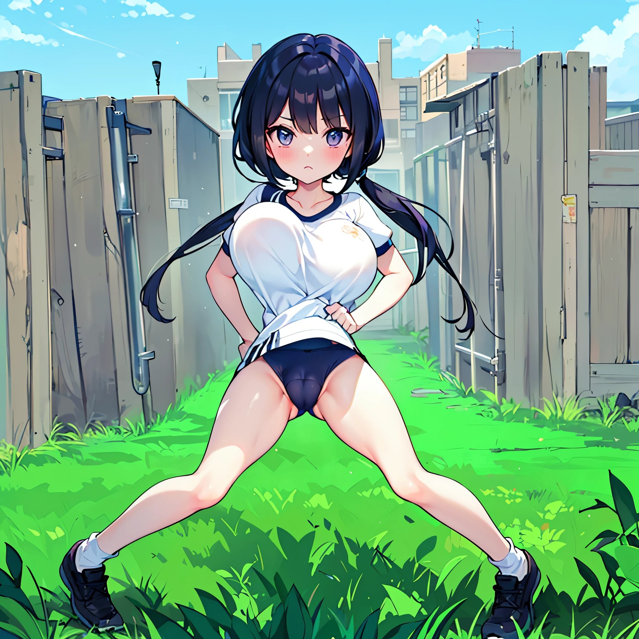 (solo short girl standing on school field), (very short tight brm), gym uniform, (bending back:1.4), (show off cameltoe for viewer:1.4), (bouncing unaligned disproportionately large breasts), school buildings in background