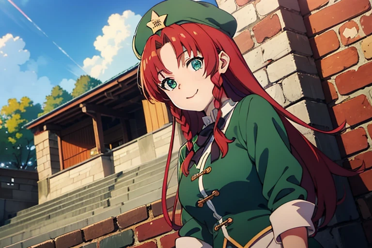 high quality, 8k, beautiful lighting, 1 adult woman, alone, hong_meiling, red hair, green dress, animeの女の子, outdoors, whole body, smile, looking at the viewer, anime, in front of the gate, dynamic angle, Wallpaper-like