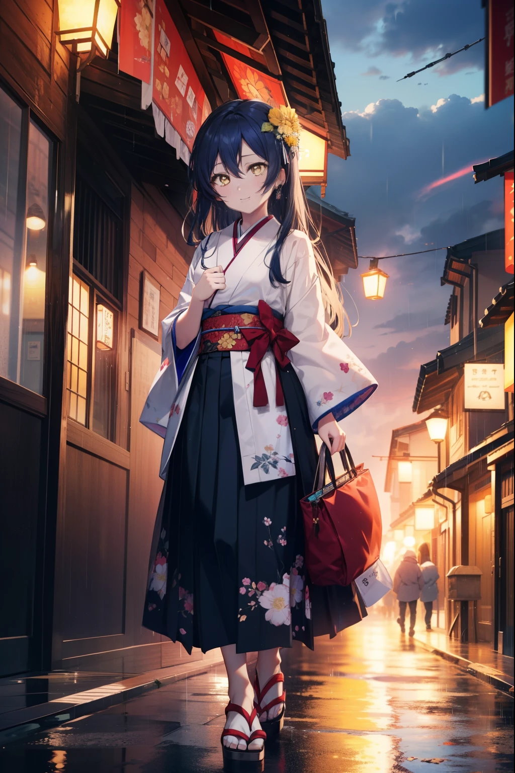 Kamisonoda, Umi Sonoda, long hair, blue hair, (yellow eyes:1.5) (flat chest:1.2),smile,flower hair ornament,Blue floral pattern gorgeous Japanese clothes,long skirt,white foot bag,Zori sandals,tying hair,He is holding a Japanese-style umbrella with both hands and resting it on his shoulder.,rain,cloudy sky,walking,
break looking at viewer,
break outdoors, In town,building street,
break (masterpiece:1.2), highest quality, High resolution, unity 8k wallpaper, (figure:0.8), (detailed and beautiful eyes:1.6), highly detailed face, perfect lighting, Very detailed CG, (perfect hands, perfect anatomy),