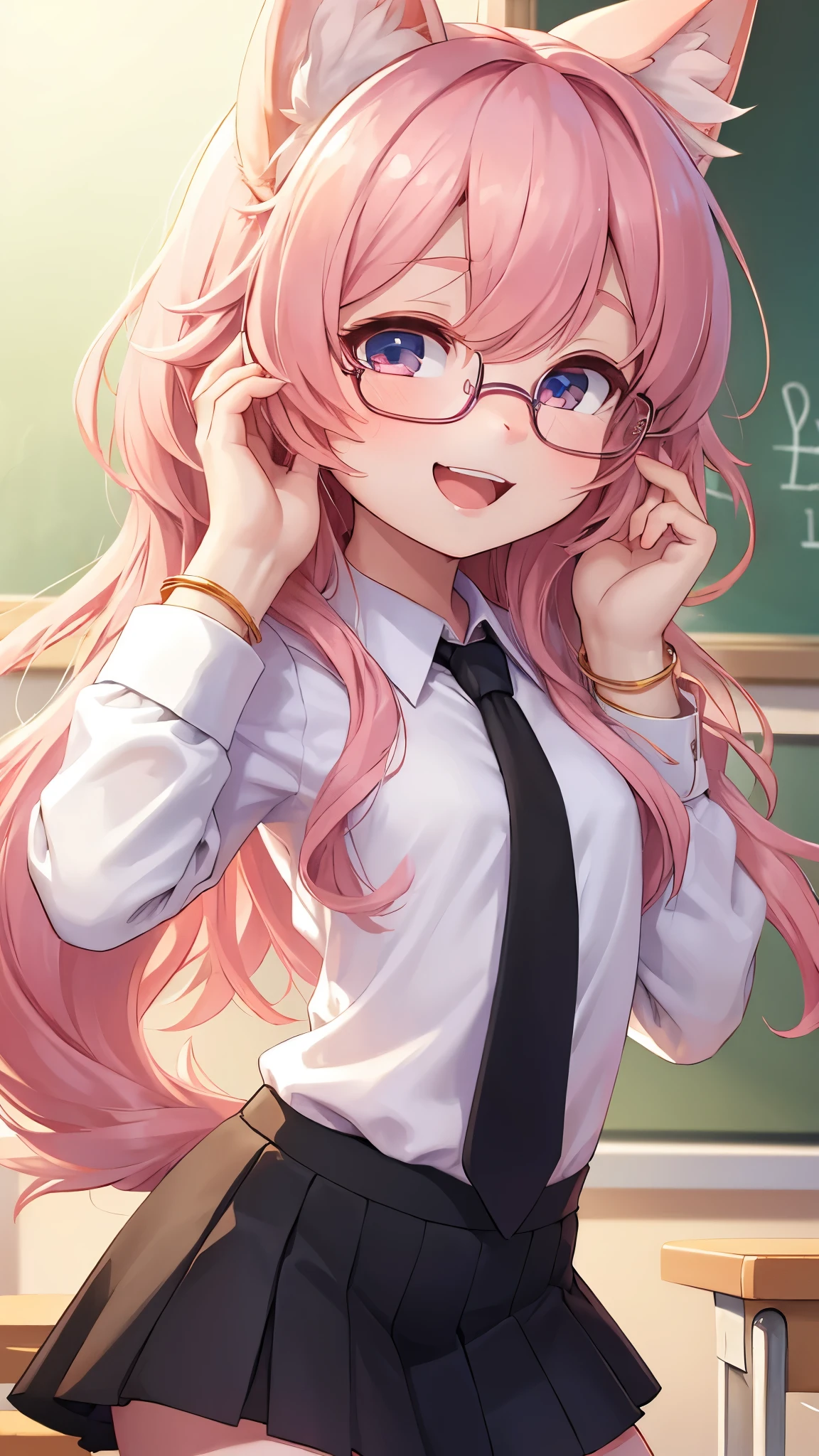 best quality,best resolution,pink rabbit girl,yellow eyes,glowing eyes,glistering eyes,pink long hair,wavy hair,messy hair,pink long rabbit ears,fluffy round rabbit tail,pink fur,white short arm shirt,red mini skirt,red ribbon bowtie,glasses,ribbon hairpin,shy face,smile,open mouth,full face blush,white stocking,upper body only,classroom,gold light,light and shadow,morning,looking at viewer,heart eyes,low angle,right side view