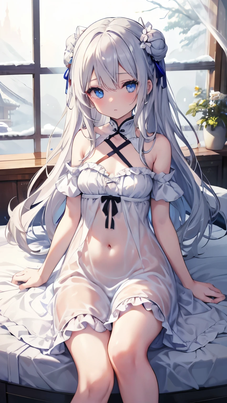 ,1 girl,Highest image quality,alone,gray hair,like snow white,blue eyes, white skin,Sleepiness,long hair,sleeping habit,half eye,,wet with water,baby doll,naked,On bedding,chinese style gothic dress,frills,small breasts,tits,,small,show your shoulders,Navel,open leg