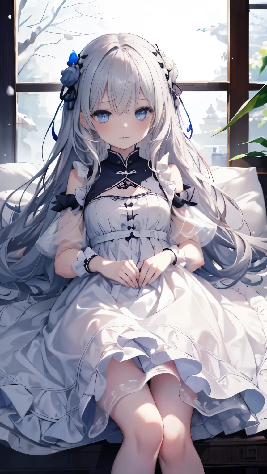 Anime girl with long hair sitting on a bed in a room - SeaArt AI