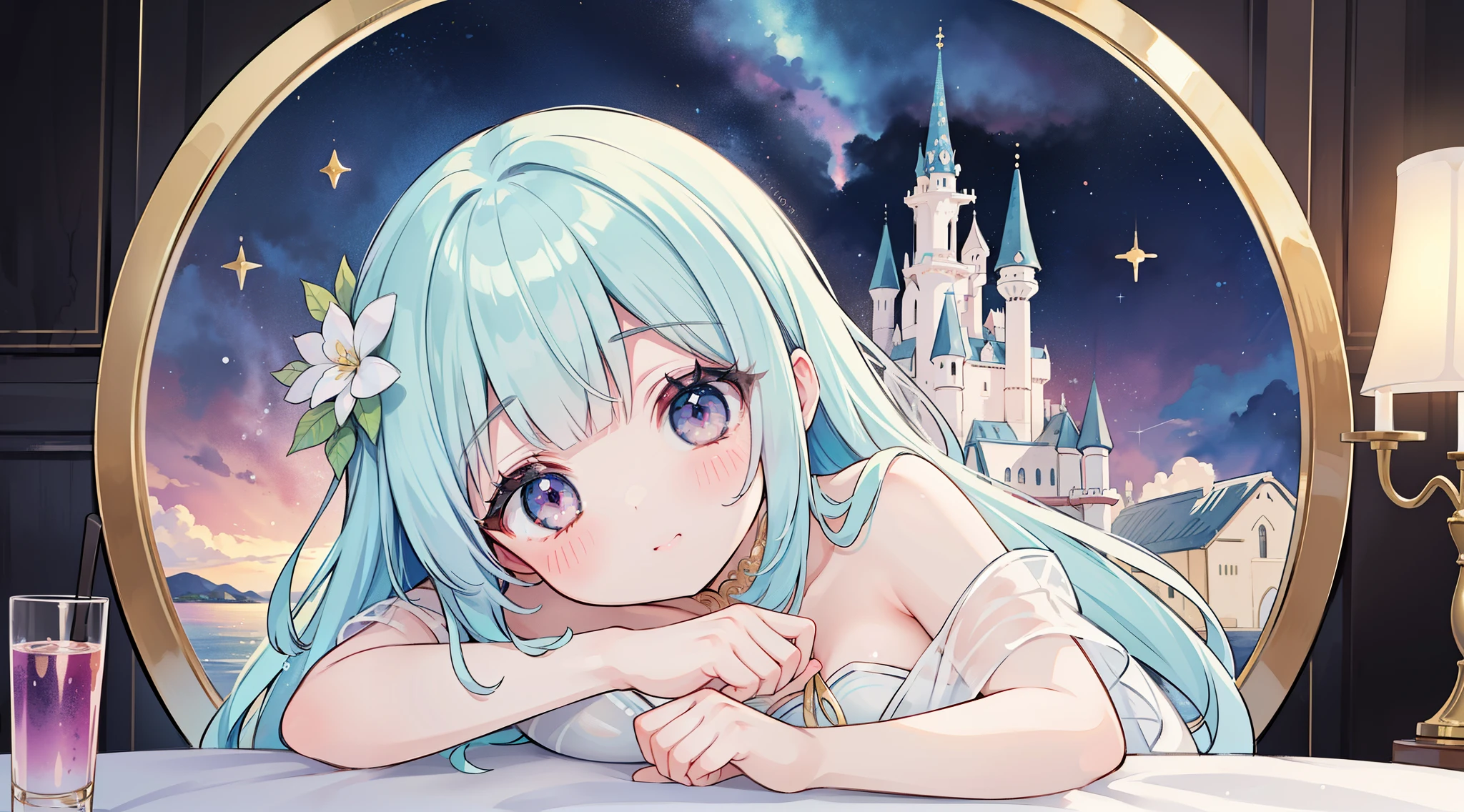 masterpiece, best quality, 8k resolution, sharp focus, intricate details, beautiful girl, Bright Eyes, golden ratio face, otherworldly liquid, watercolor, ((pastel colors)), bright colors, whimsical, rich and colorful, sharp focus, high resolution, Fine details, Intricate tiered ball gown, ((round eyes)), iridescent bubbles, Castle view in the background