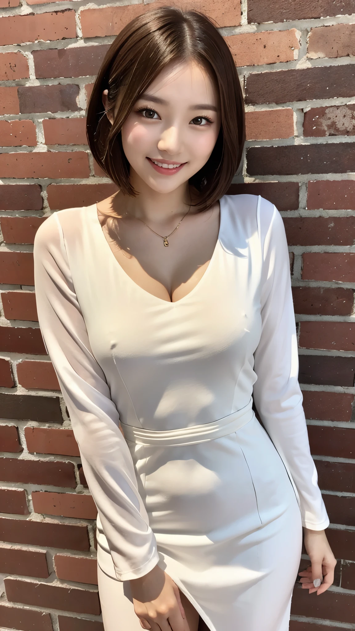 Beautiful Korean girl with good style、white and beautiful skin、short height、brown hair、bob cut hair、reddish brown eyes、slanted eyes、thin eyebrows、thick lips、smile、fancy clothes、Fashion Model、brick background、