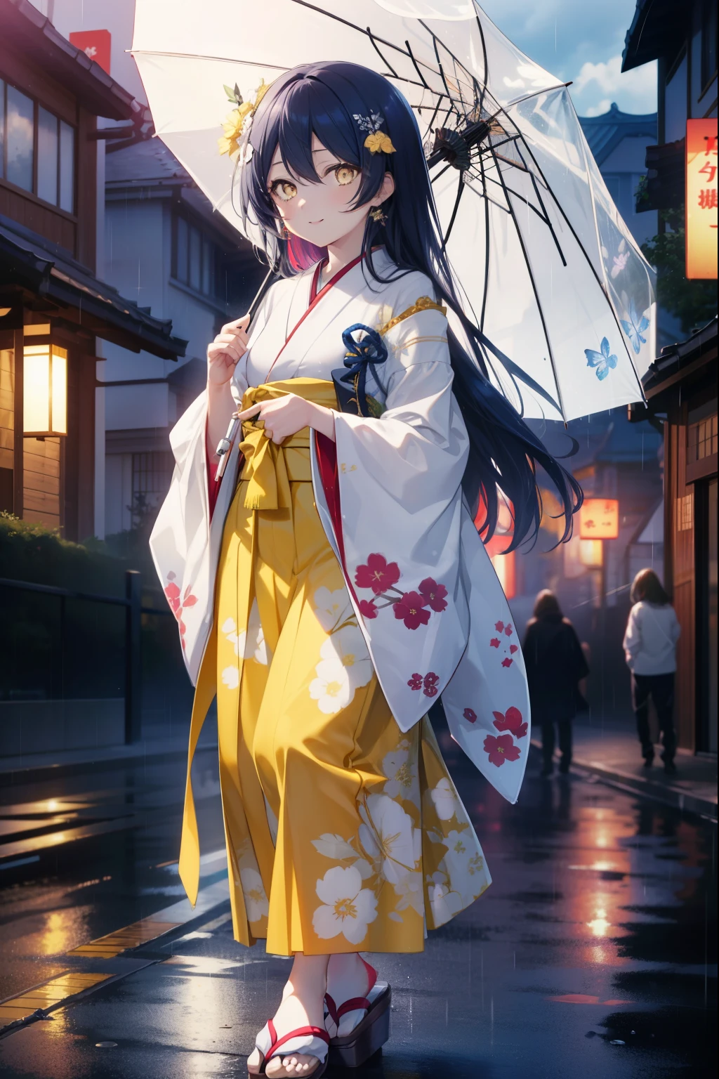 Kamisonoda, Umi Sonoda, long hair, blue hair, (yellow eyes:1.5) (flat chest:1.2),smile,flower hair ornament,Blue floral pattern gorgeous Japanese clothes,long skirt,white foot bag,Zori sandals,tying hair,He is holding a Japanese-style umbrella with both hands and resting it on his shoulder.,rain,cloudy sky,walking,
break looking at viewer,
break outdoors, In town,building street,
break (masterpiece:1.2), highest quality, High resolution, unity 8k wallpaper, (figure:0.8), (detailed and beautiful eyes:1.6), highly detailed face, perfect lighting, Very detailed CG, (perfect hands, perfect anatomy),