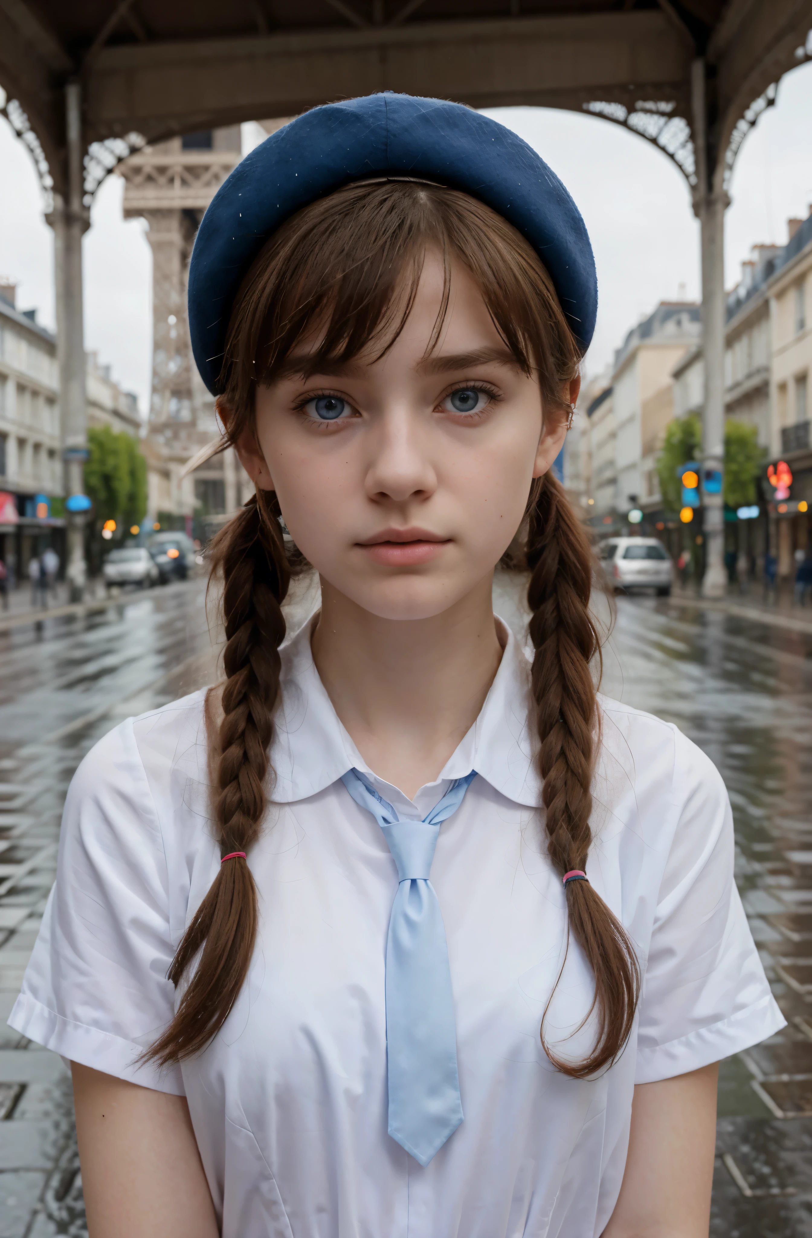 (Mejor calidad,hyper realistic,ultra detallado,8K), adolescente, Fifteen years old, shy, sad, palidez, grandes ojos azules, piel muy blanca, small nose, brown hair with bangs, melancholia, delicado, femenino, flaco, elegante uniforme escolar azul, boina rosa francesa, corbata roja, empty street, bright day, lluvia, Paris, Torre Eiffel, Dos largas colas de caballo.