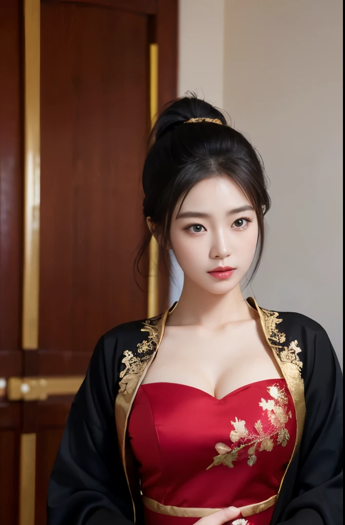 best images, (8k, original photo, actual), Clean and beautiful Korean woman, Beautiful black hair，ponytail, big blue shining eyes, long eyelashes, double eyelids, red phoenix eye，Oval face，high nose，Half-open crimson, attractive and moist thick lips, big breasts, side chest, under , abdominal muscles, thin and long, Perfect proportion, whole body, Gold embroidered black ao dai, blurred background red