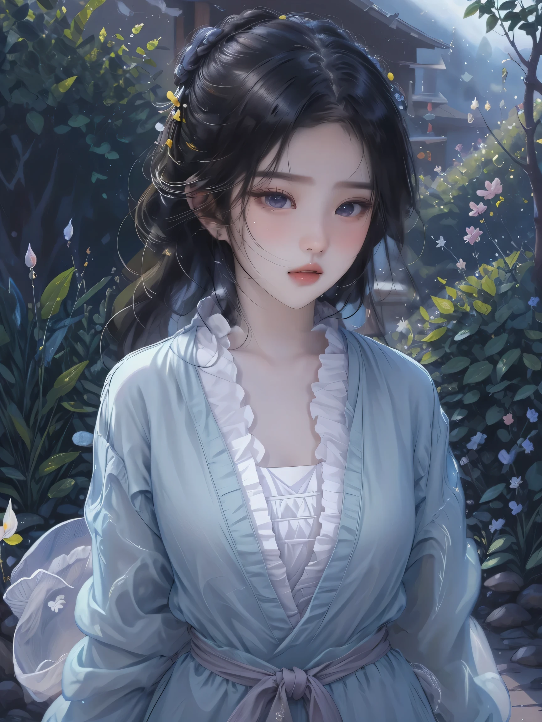 masterpiece, highres, realistic, lovely detailed eyes, dark hair, close-up of a girl in detailed yellow oriental dress, eastern fantasy antique rhyme, vibrant colors, playful expression, garden and flowers background, soft lighting, whimsical art style