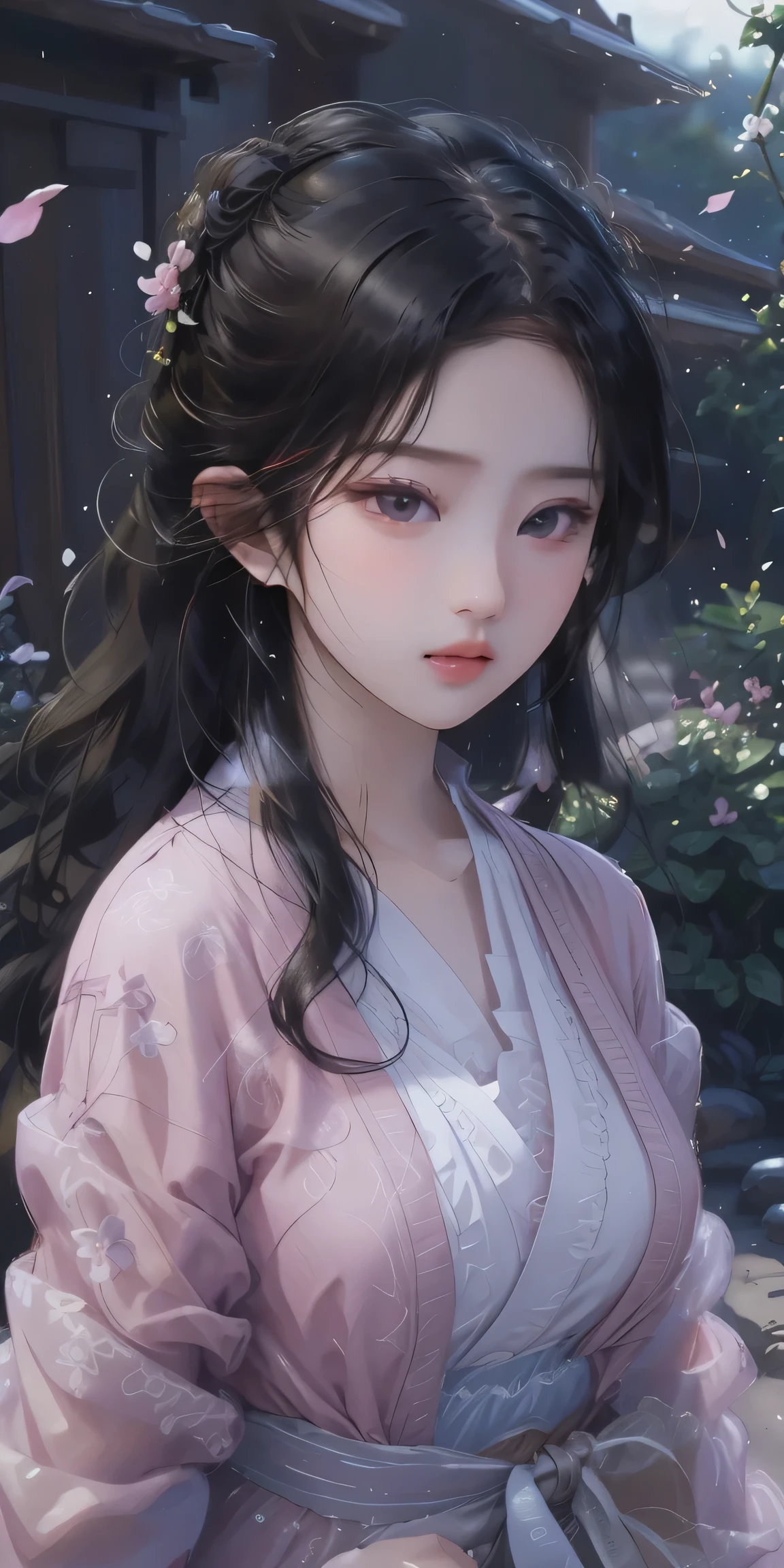 masterpiece, highres, realistic, lovely detailed eyes, dark hair, close-up of a girl in detailed pink oriental dress, eastern fantasy antique rhyme, vibrant colors, playful expression, garden and flowers background, soft lighting, whimsical art style