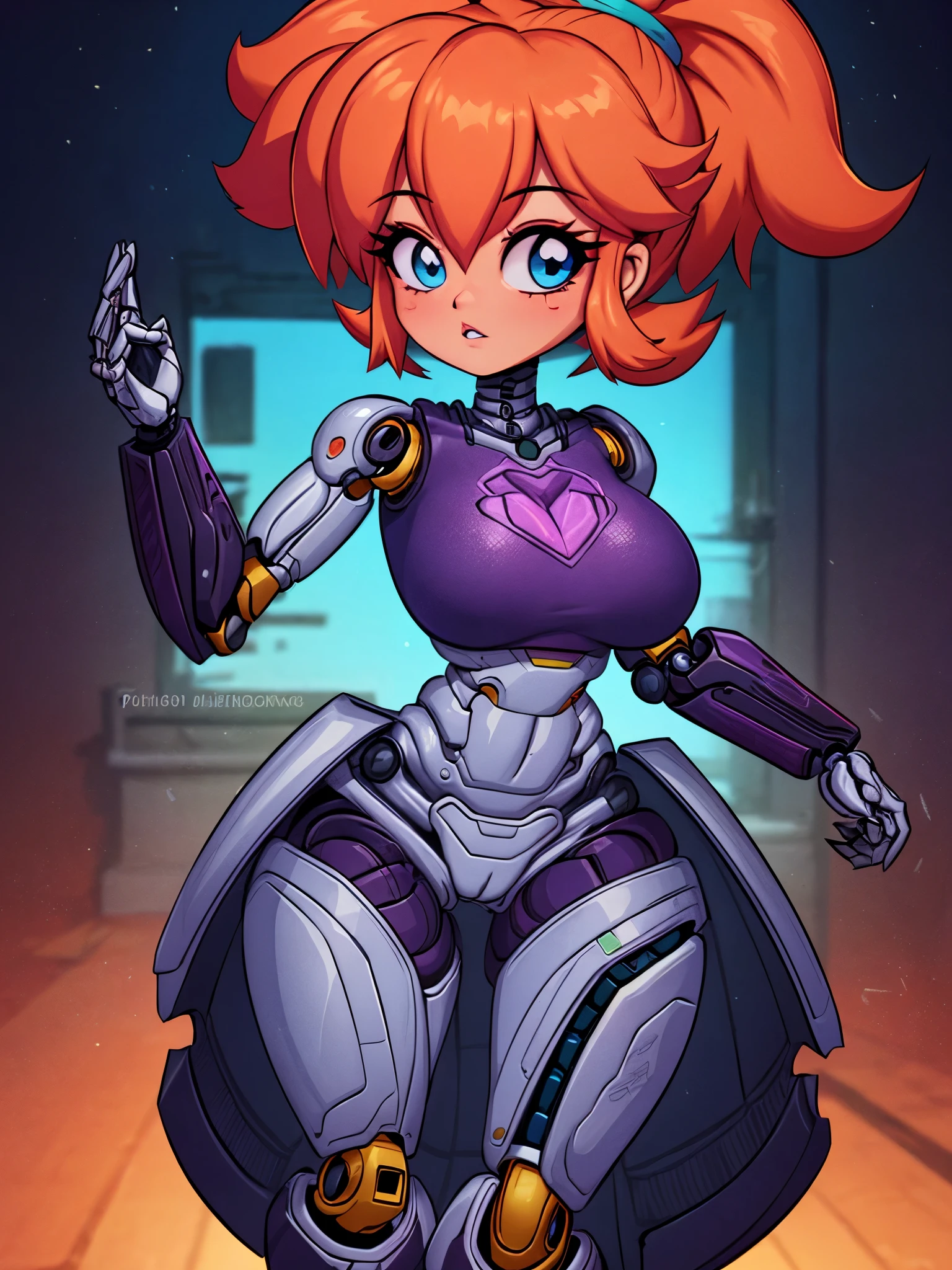 16K, HD, Highly Detailed, Professional, ((High Quality)), ((Masterpiece: 0.3)), (((Anatomically correct))), 1 woman, Sultury expression, (((Very detailed robotic humanoid cyborg endoskeleton, exposed breasts))), Tan_skin, (Busty), Curvy, (Cyber blue eyes), Longeyelashes, ((Peach hair long fluffy Ponytail, metal hair)), Red_lips, Black Tattoos, Humanoid cyborg endoskeleton, (Simple shading, Vibrant colors, Thick lineart), {{{Dark Lighting}}} {{{Purple aura}}} ((Cyberpunk city at night)), ((dark ambience)), AGGA_ST009,