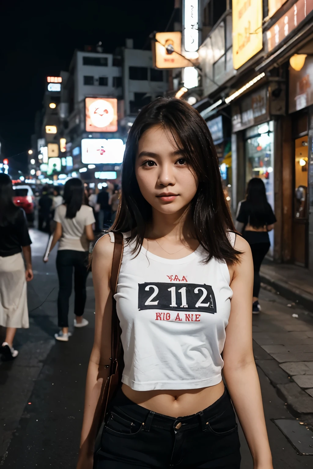 a young Vietnamese girl 21 years old. Shoulder-length hair, wearing a T-shirt. She is walking around the city at night