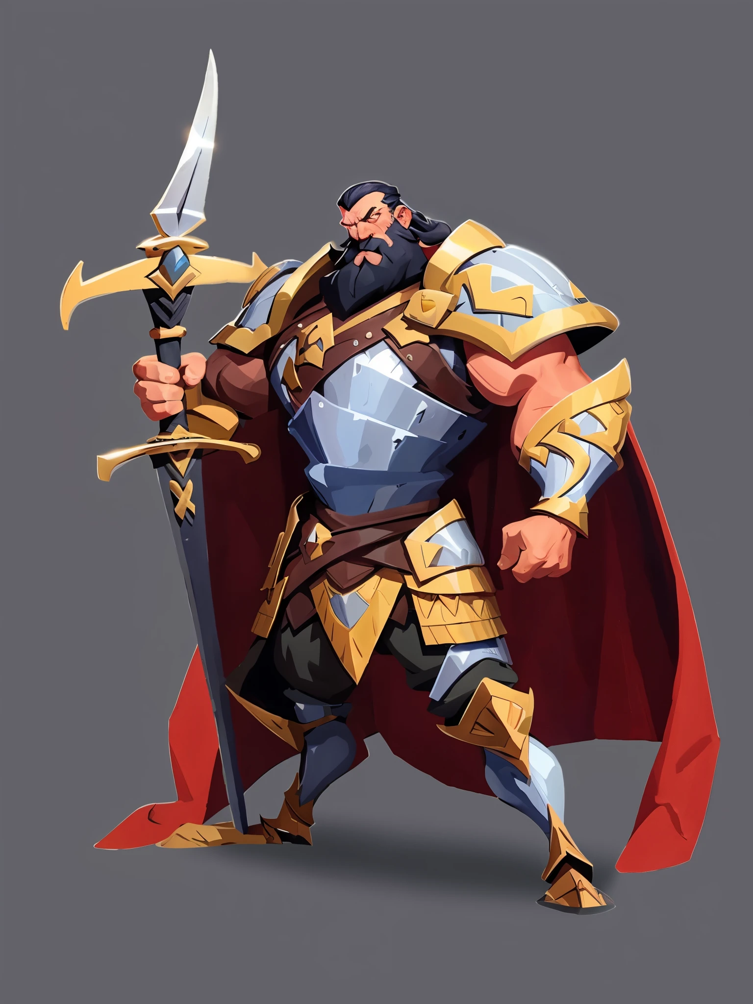 concept art, european cartoon, game character design, ((full body)), 1 man, solo, black beard, detail, eyes, eyes, mature male, male focus, beard, armor, muscular man, full body, black hair, short hair , muscular, old, middle-aged man, strong, red cloak, shoulder armor, breastplate, armor, standing, big nose, dark hair, carrying a big sword, huge sword,