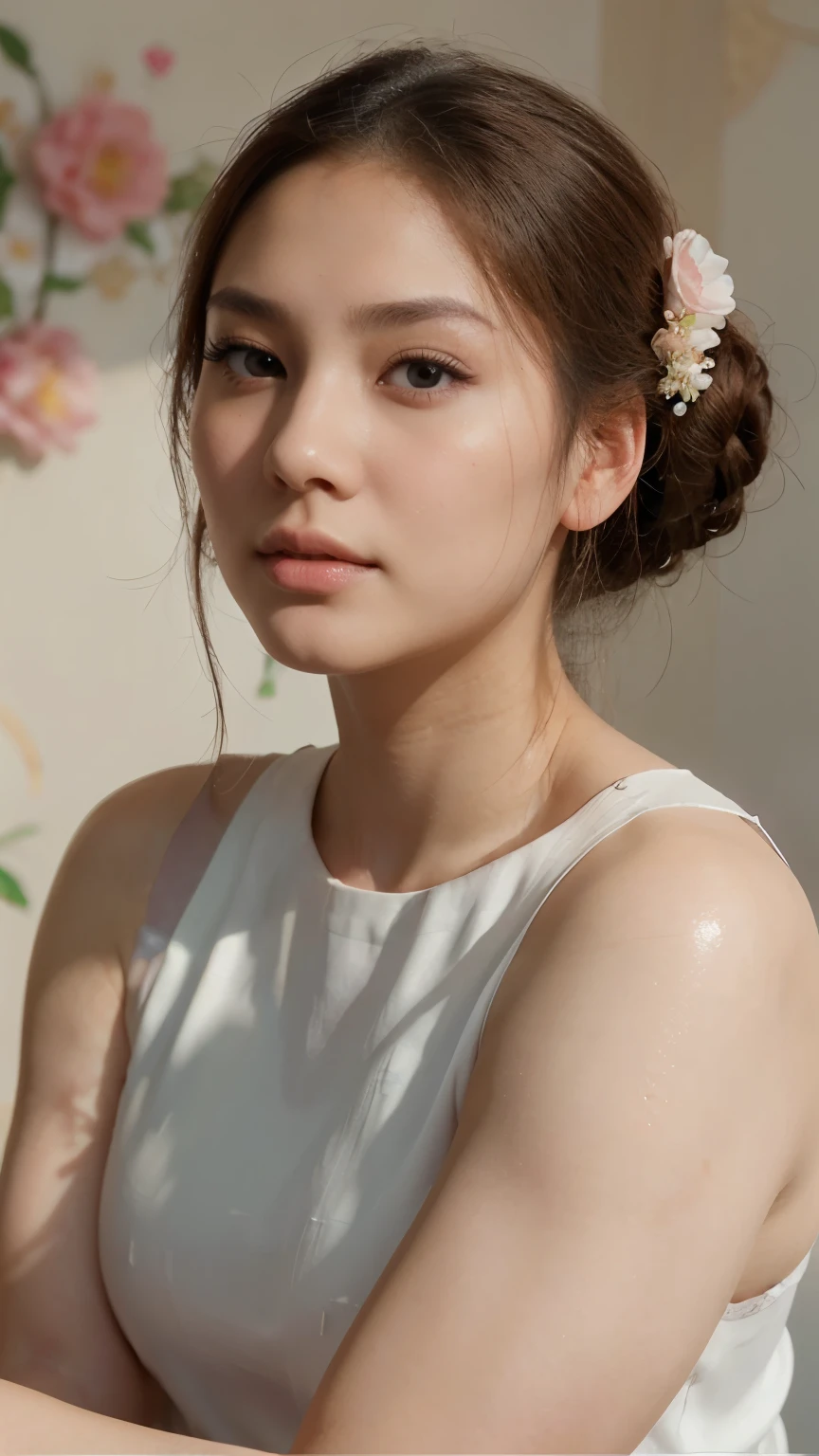 A woman with pink shirt and flower background, Popular Chinese makeup, Popular makeup, glowing porcelain skin, Dewy skin, woman with porcelain skin, beautiful aesthetic face, Asian face, Chinese face features, Glossy glossy skin, with round face, diffused natural skin glow, soft round face, chubby asian cheeks, asian face with chubby cheeks , porcelain highlighted skin ((best quality)), ((masterpiece)), (detailed), perfect face, close up photo, 8k picture, hyper realistic