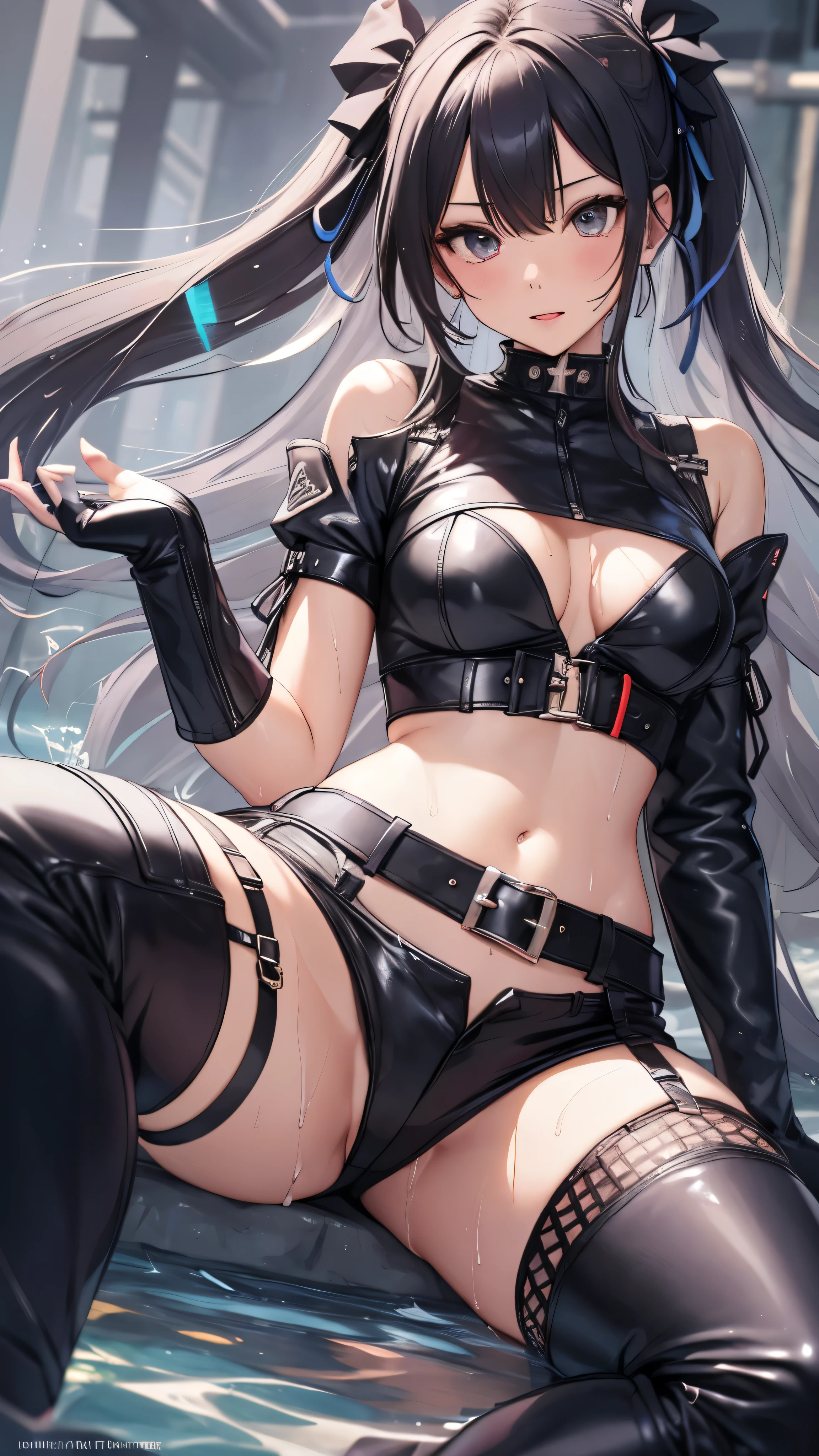 High resolution, woman , good lighting, despicable, , (No nudity), (((micro leather shorts))), ((tight leather top)), (((leather thigh high boots))), (garter belt), abdomen only, (wet shorts), , cute face, I'Iは恥ずかしくて赤面します, humiliating, ((spread your legs)), ((wet state))