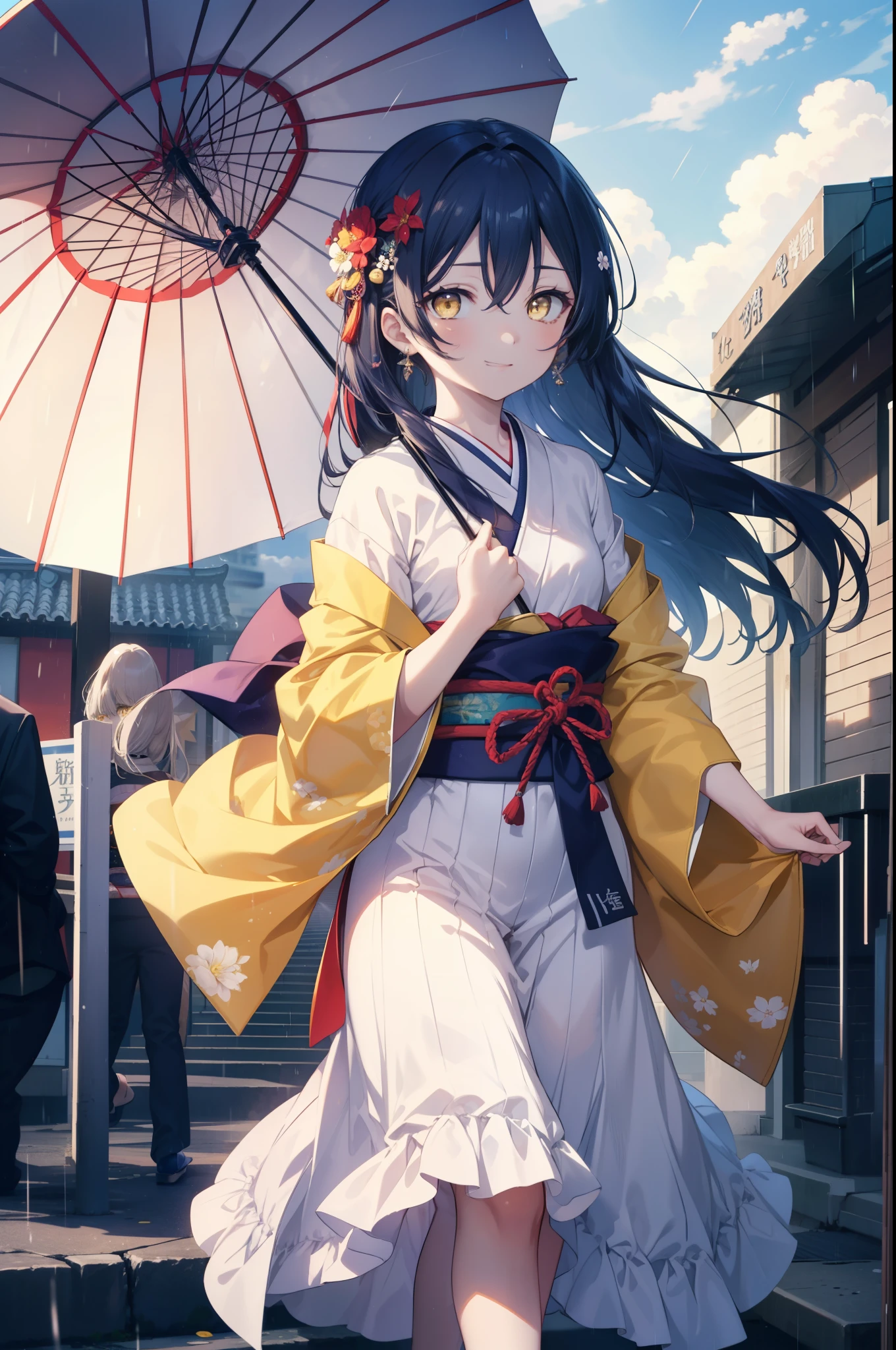 Kamisonoda, Umi Sonoda, long hair, blue hair, (yellow eyes:1.5) (flat chest:1.2),smile,flower hair ornament,Blue floral pattern gorgeous Japanese clothes,long skirt,white foot bag,Zori sandals,tying hair,He is holding a Japanese-style umbrella with both hands and resting it on his shoulder.,rain,cloudy sky,walking,
break looking at viewer,
break outdoors, In town,building street,
break (masterpiece:1.2), highest quality, High resolution, unity 8k wallpaper, (figure:0.8), (detailed and beautiful eyes:1.6), highly detailed face, perfect lighting, Very detailed CG, (perfect hands, perfect anatomy),