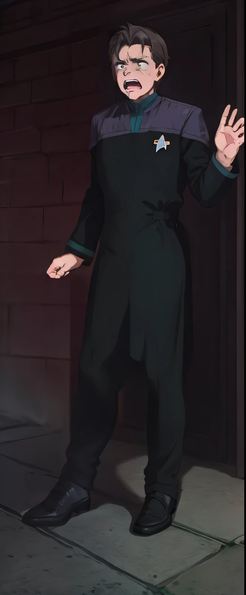 best quality, masterpiece:1.2), anime fullbody fullframe young male tall robust dress ds9st red and black uniform ds9st teal and black uniform ds9st yellow and black uniform ds9st command ds9st operations ds9st science scared expression
open mouth
clenched teeth