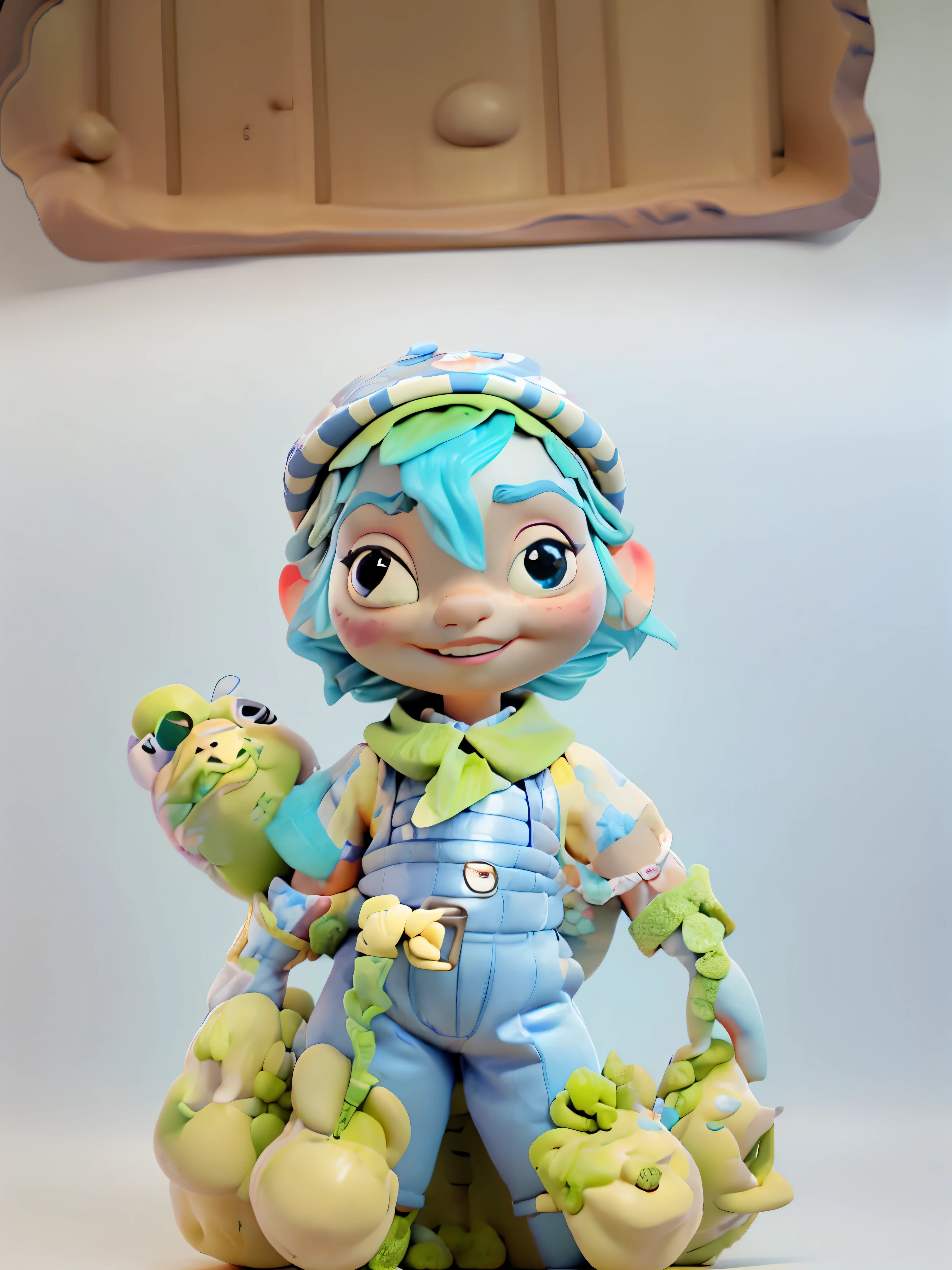 turtle doll,Put on blue suspenders,shirt,pattern,note pattern,粉色pattern,Little flower hat,easter theme,disney style,full-body shot