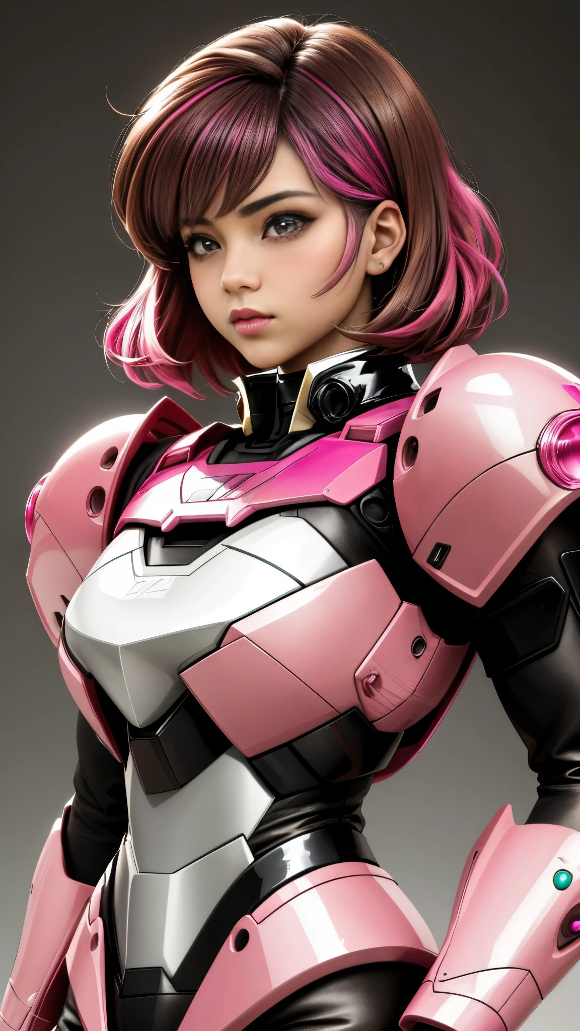Realistic black Sozabi girl photo,Shortcut Bob Cut,I have a lot of hair,brown eyes,Hair color is bright pink,cool look,background is gray, old daughter of Haman Khan and Char Aznable.