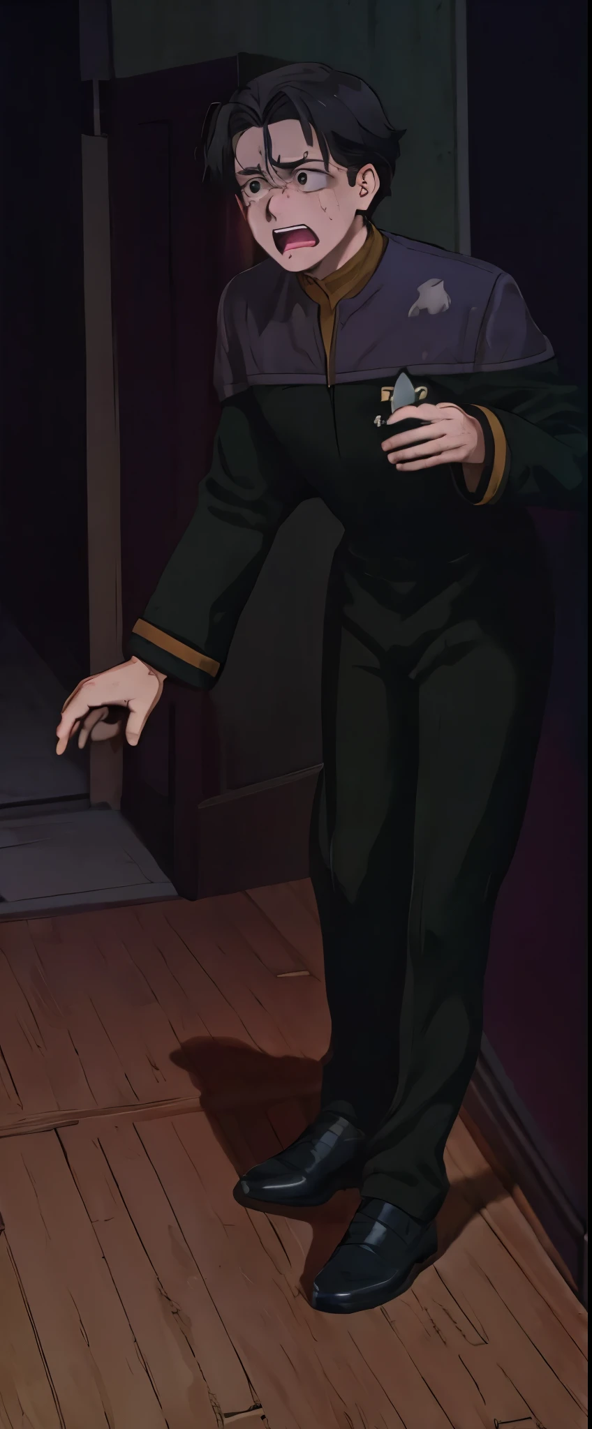best quality, masterpiece:1.2), anime fullbody fullframe young male tall robust dress ds9st red and black uniform ds9st teal and black uniform ds9st yellow and black uniform ds9st command ds9st operations ds9st science scared expression
open mouth
clenched teeth