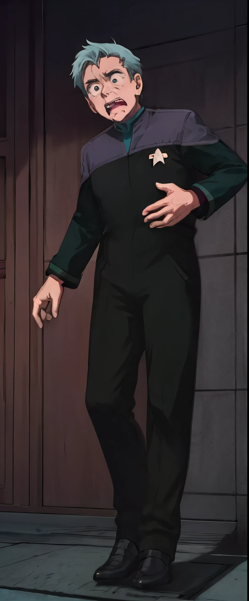best quality, masterpiece:1.2), anime fullbody fullframe young male tall robust dress ds9st red and black uniform ds9st teal and black uniform ds9st yellow and black uniform ds9st command ds9st operations ds9st science scared expression
open mouth
clenched teeth