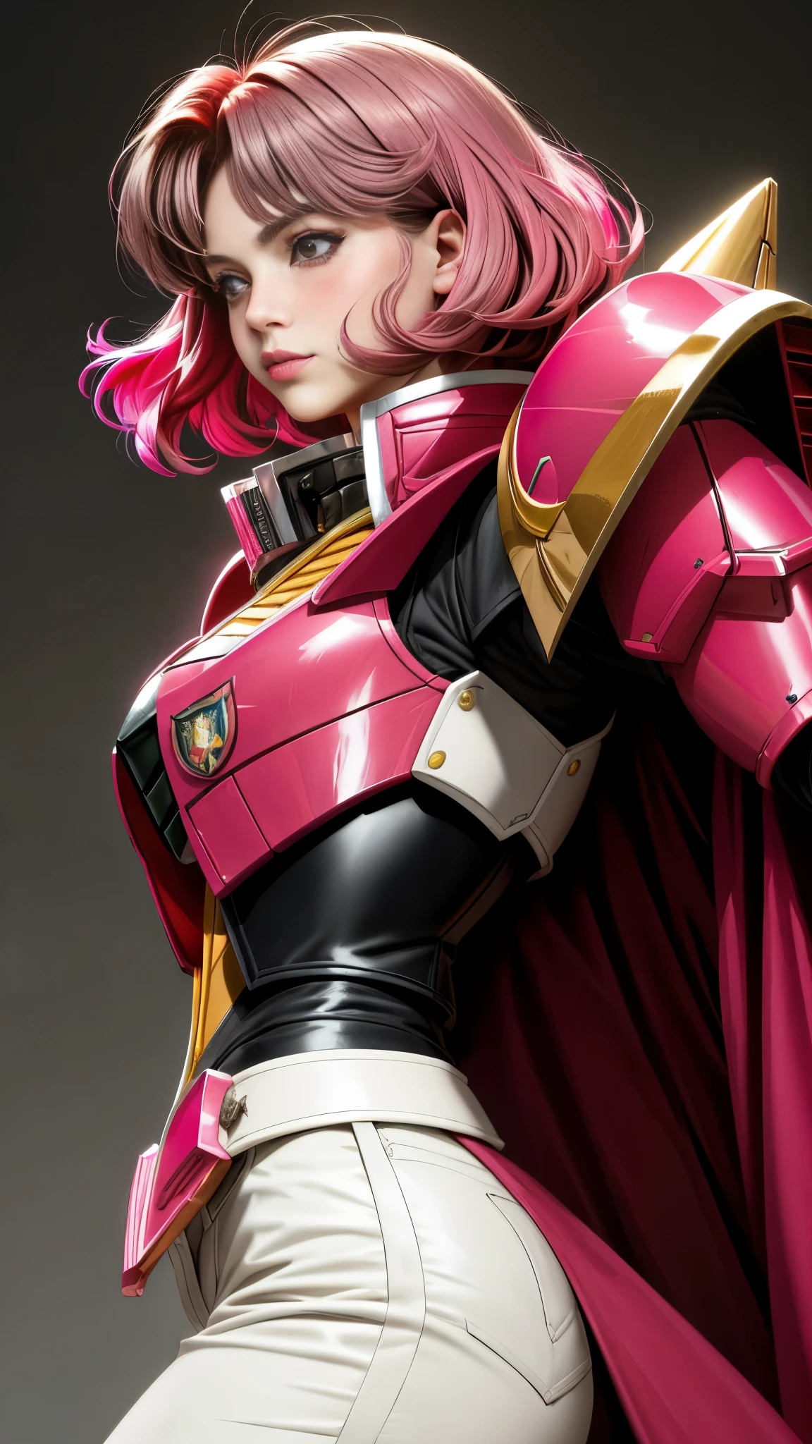 Realistic Red Sotheby Girl Photo，Shortcut Bob Cut，I have a lot of hair，brown eyes，Hair color is bright pink，cool look，background is gray，Coat of arms of the Principality of Zeon， daughter of Haman Khan and Char Aznable.